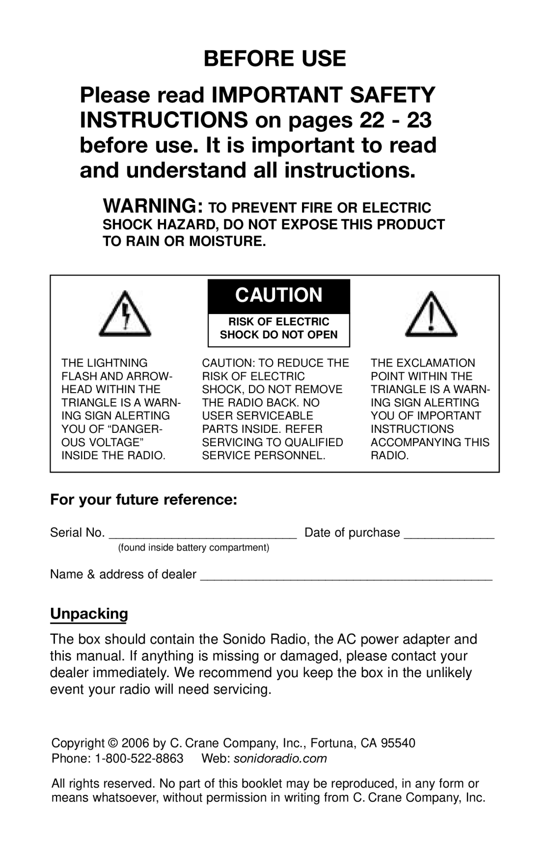 C. Crane PR-D4VW instruction manual For your future reference, Unpacking 