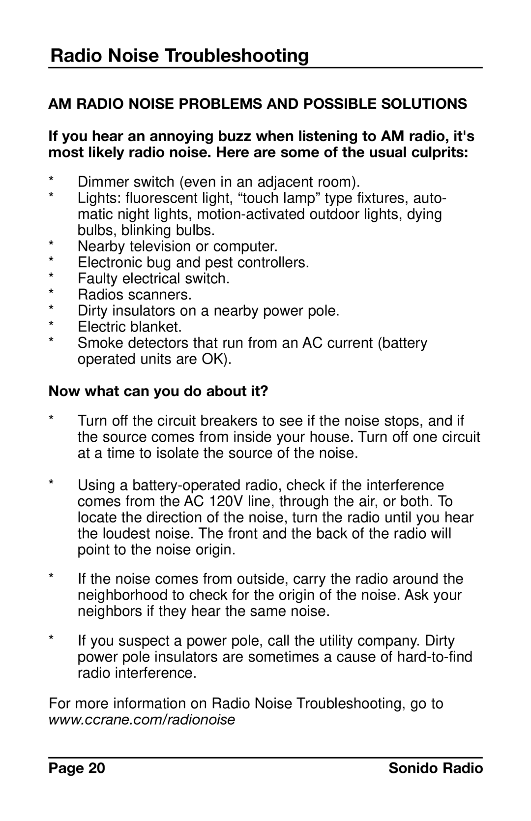 C. Crane PR-D4VW instruction manual Radio Noise Troubleshooting, AM Radio Noise Problems and Possible Solutions 