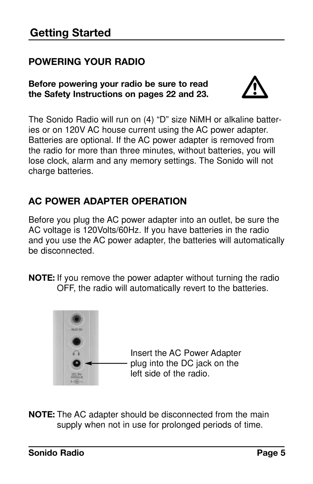 C. Crane PR-D4VW instruction manual Getting Started, Powering Your Radio, AC Power Adapter Operation, Sonido Radio 