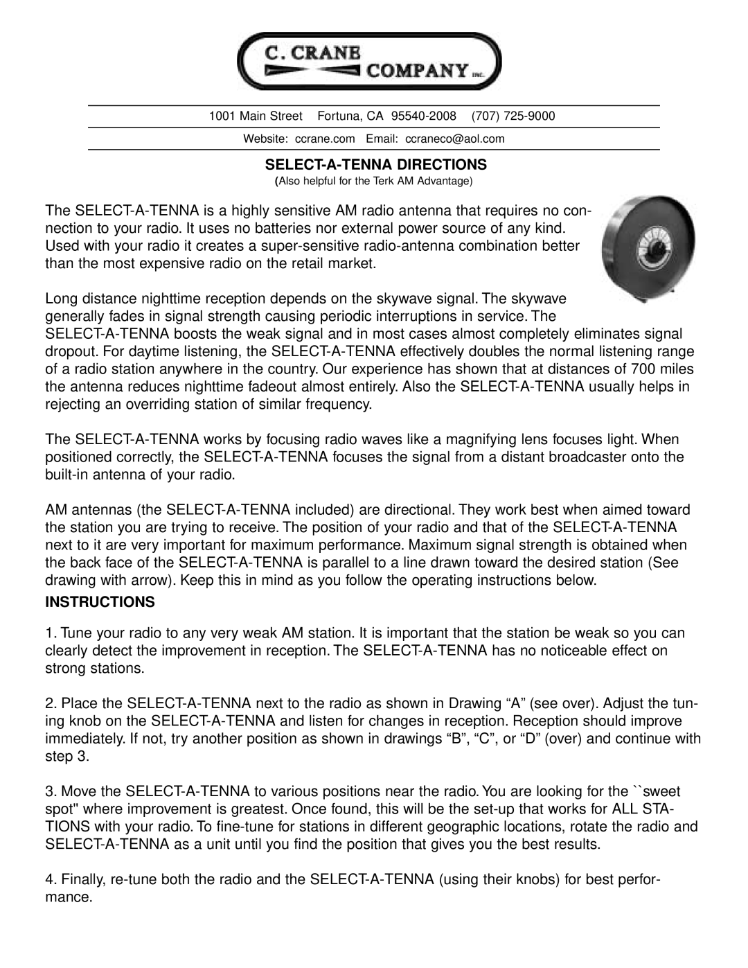 C. Crane Radio Antenna operating instructions SELECT-A-TENNA Directions, Instructions 