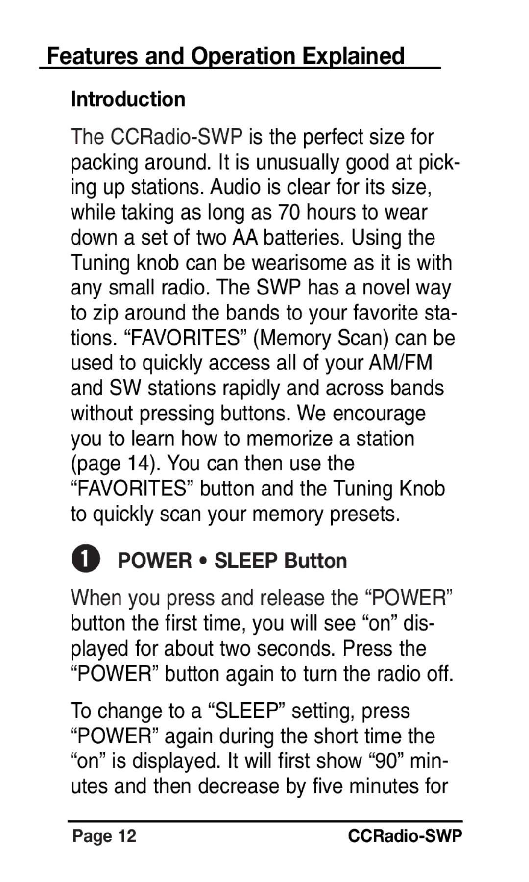 C. Crane Radio Features and Operation Explained, Introduction, Power Sleep Button, To change to a Sleep setting, press 