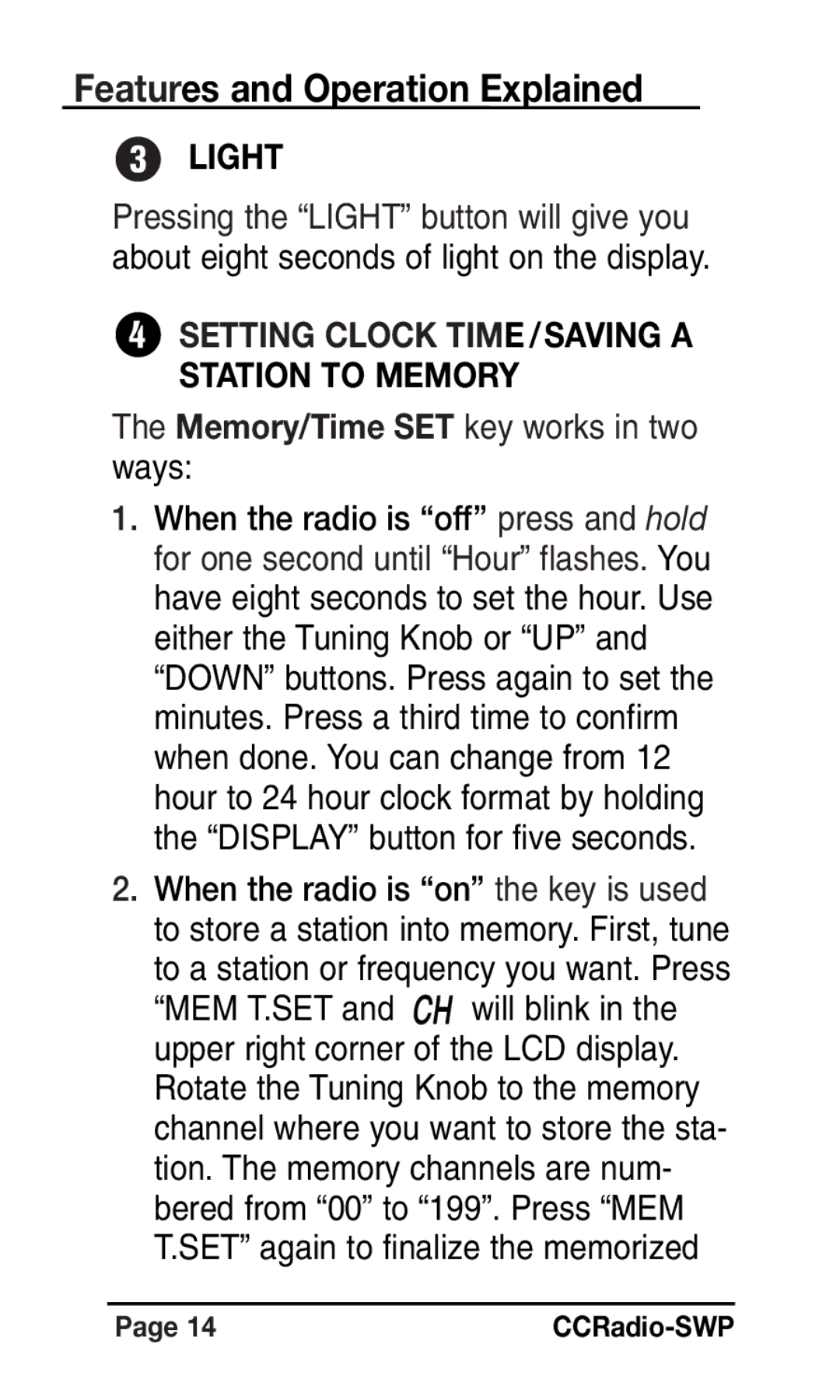 C. Crane Radio Light, Setting Clock Time /SAVING a Station to Memory, Memory/Time SET key works in two ways 