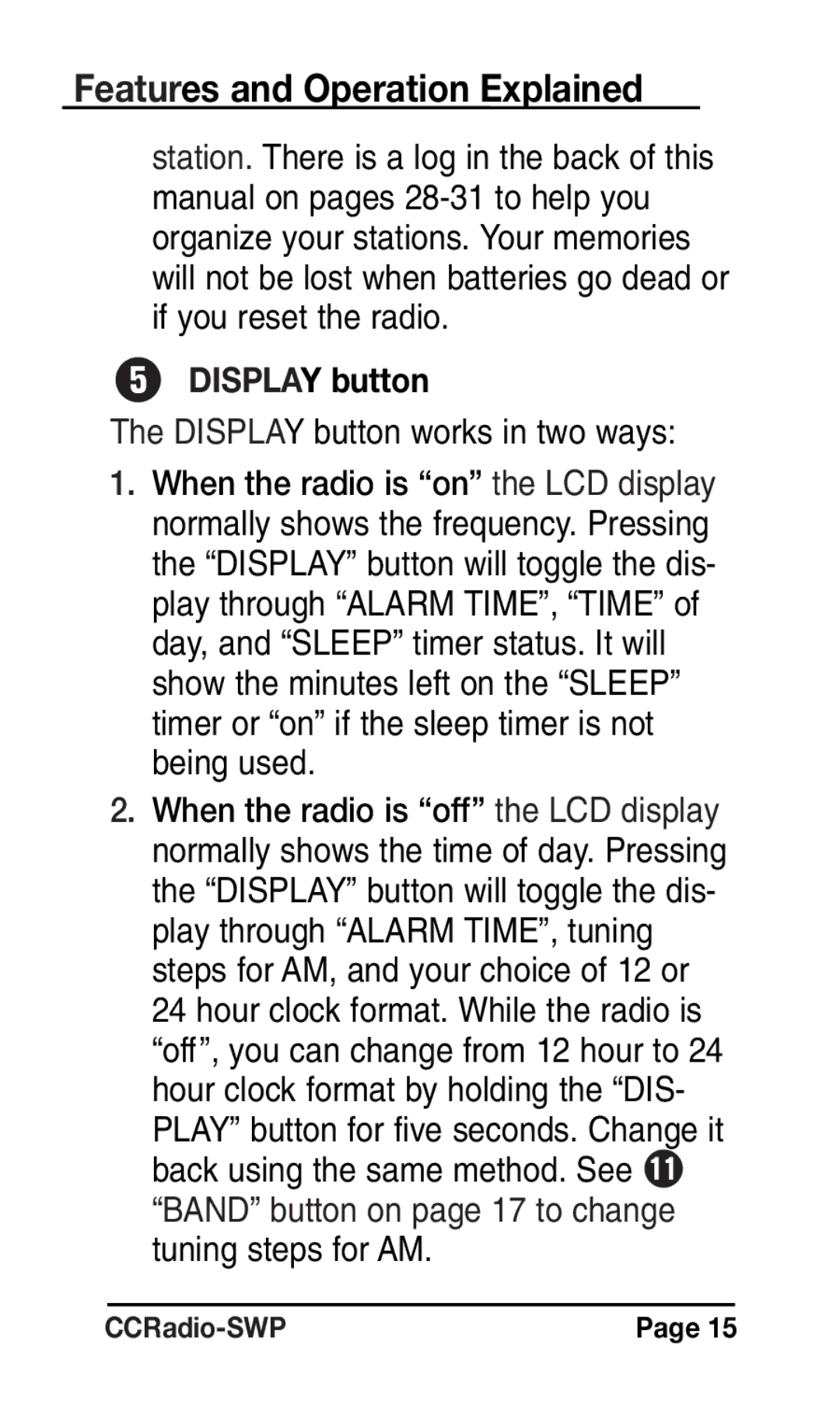 C. Crane Radio instruction manual Display button works in two ways 