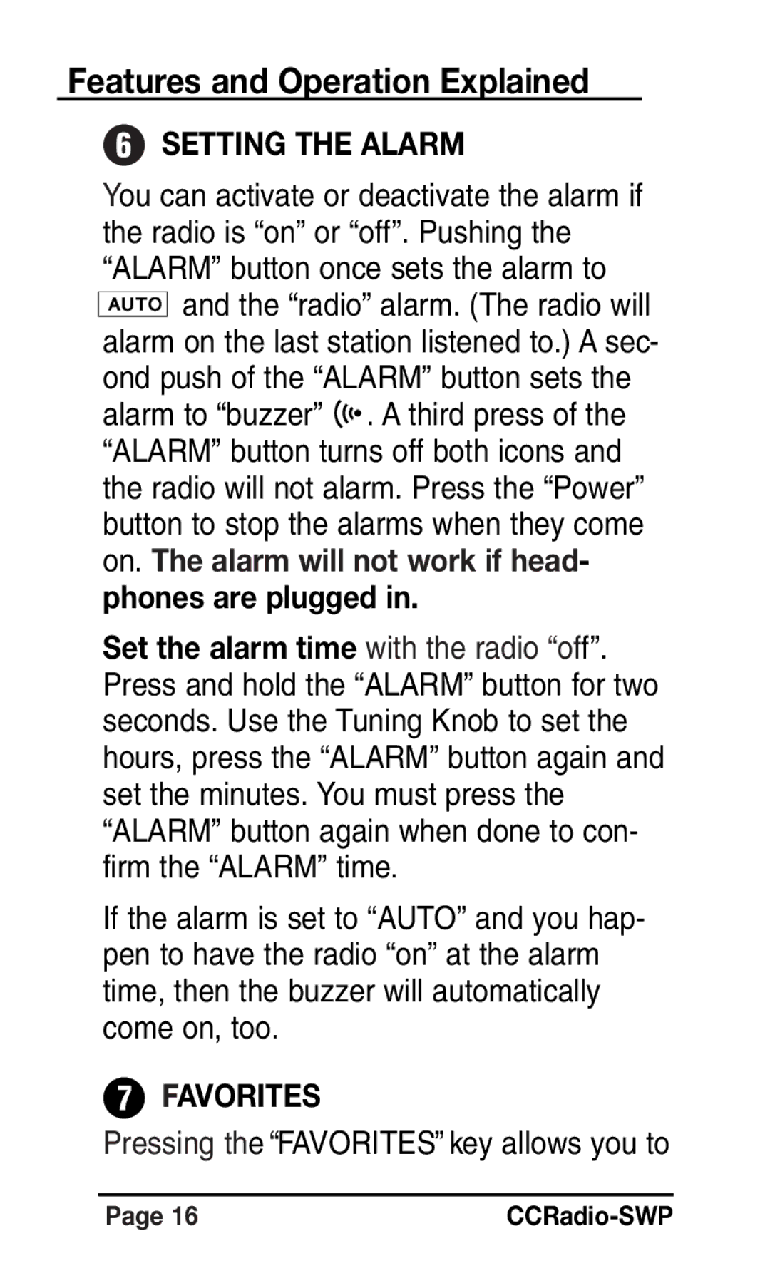 C. Crane Radio instruction manual Setting the Alarm, Pressing the Favorites key allows you to 