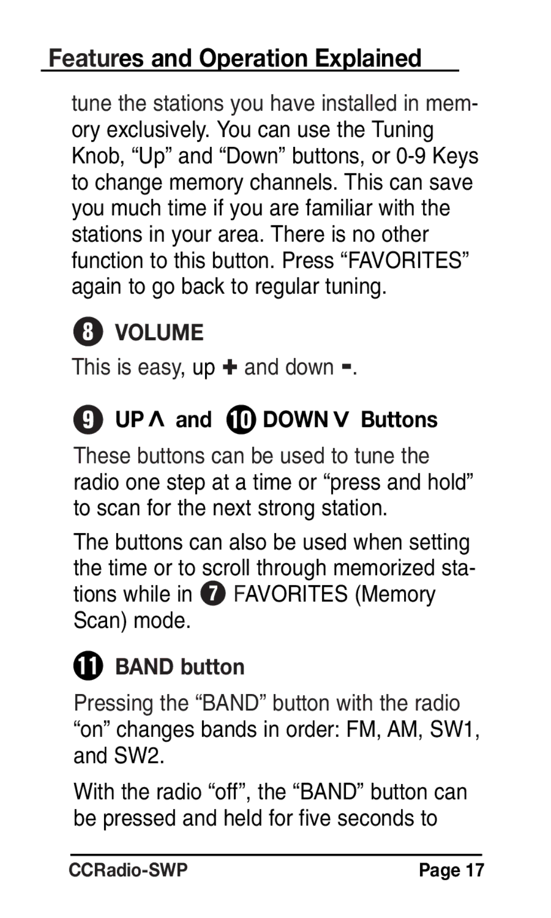 C. Crane Radio instruction manual Volume, This is easy, up + and down, UP and P Down Buttons, Band button 