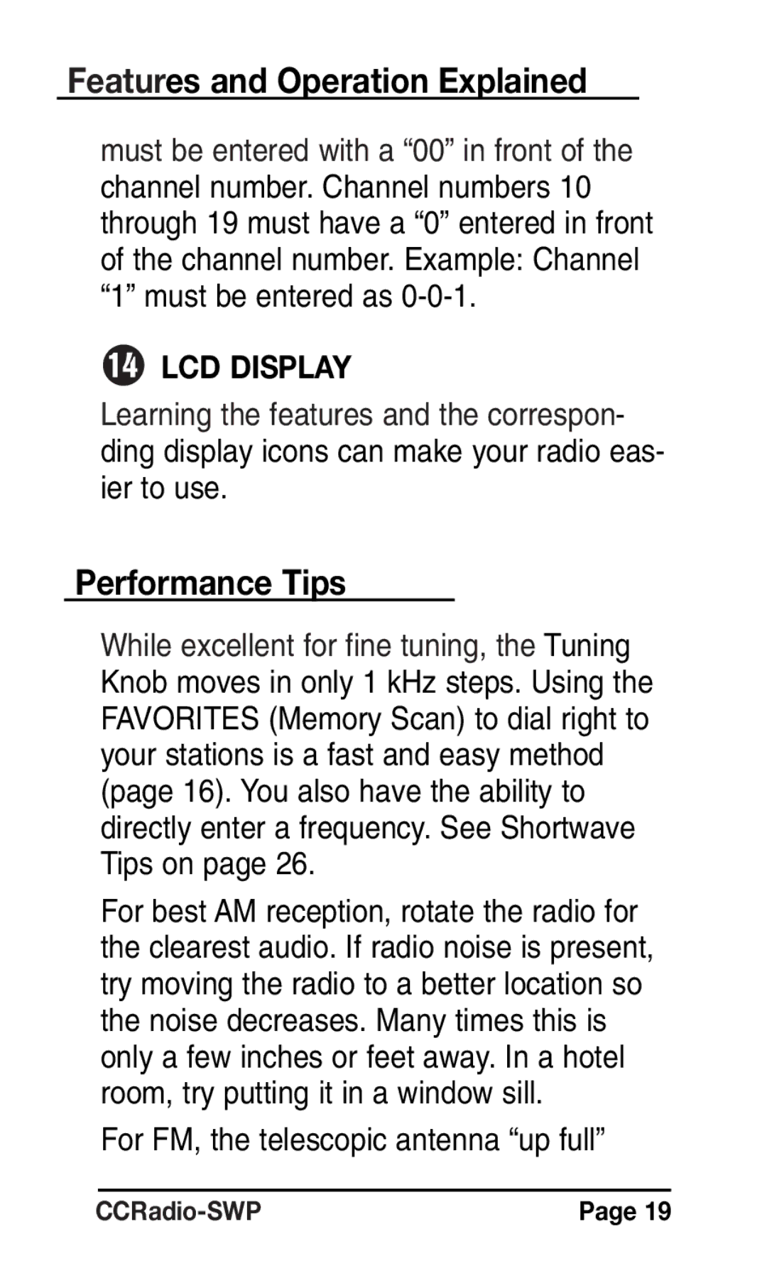 C. Crane Radio instruction manual Performance Tips, LCD Display, For FM, the telescopic antenna up full 