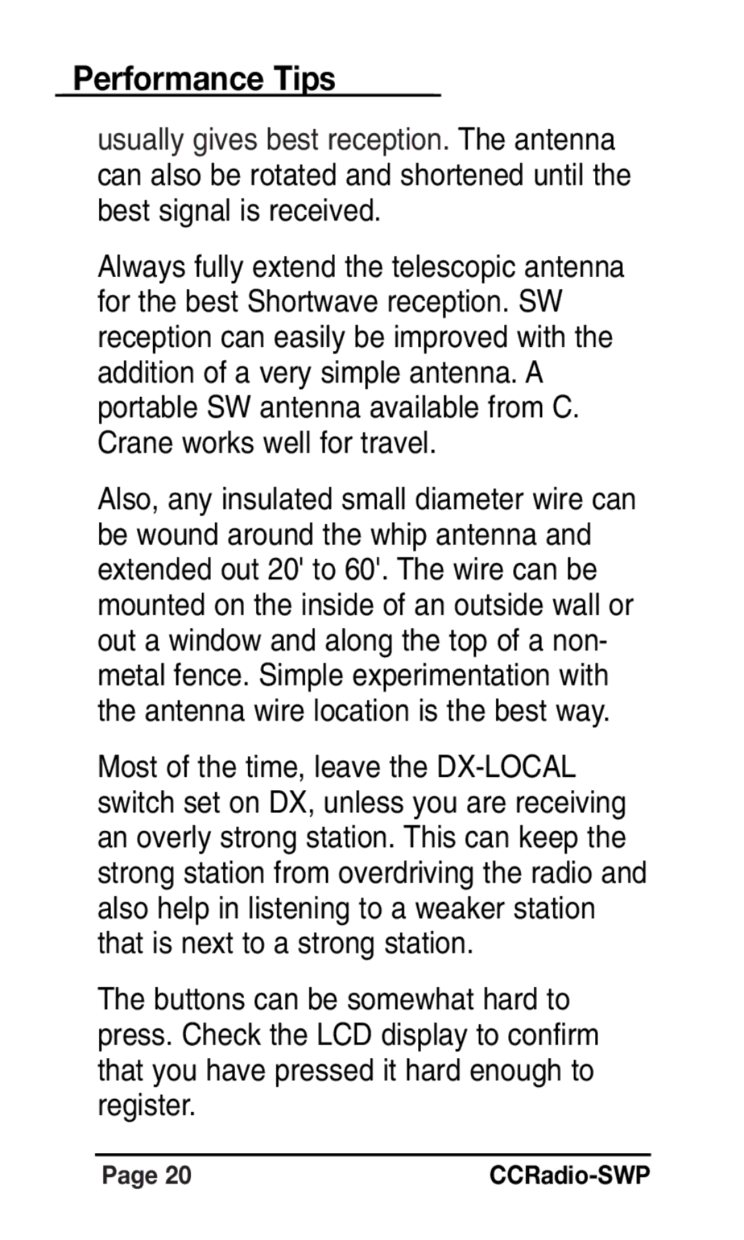 C. Crane Radio instruction manual Performance Tips 