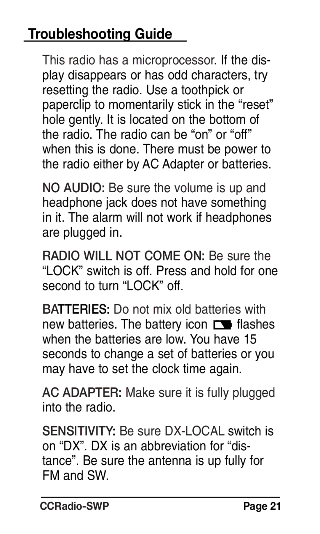 C. Crane Radio instruction manual Troubleshooting Guide 