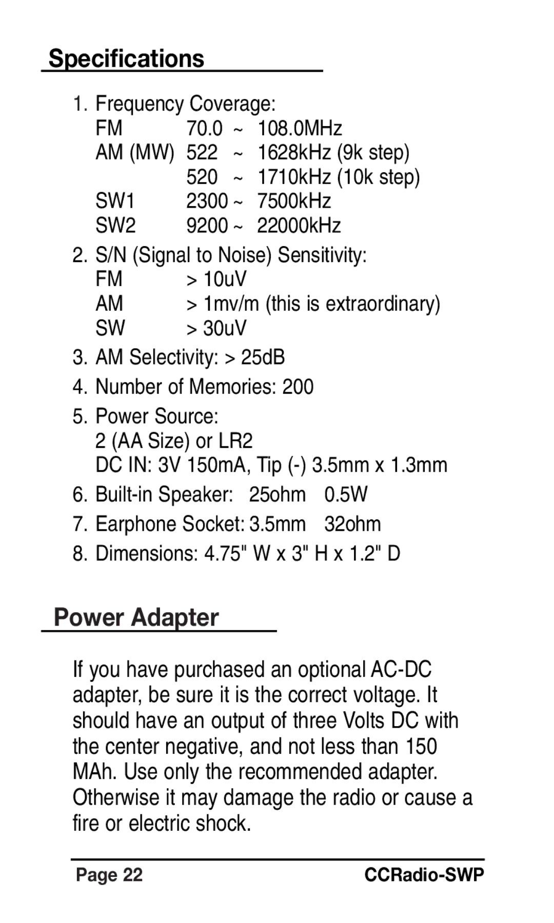 C. Crane Radio instruction manual Specifications, Power Adapter 