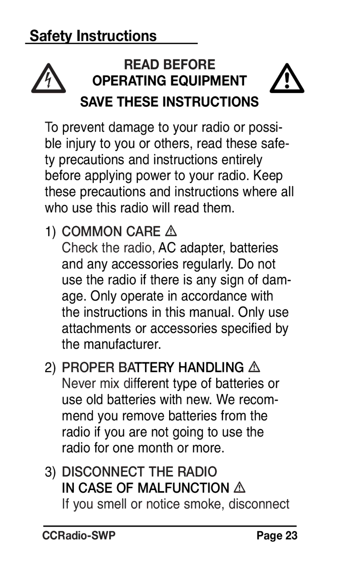 C. Crane Radio Safety Instructions, Read Before Operating Equipment, Common Care, Proper Battery Handling 