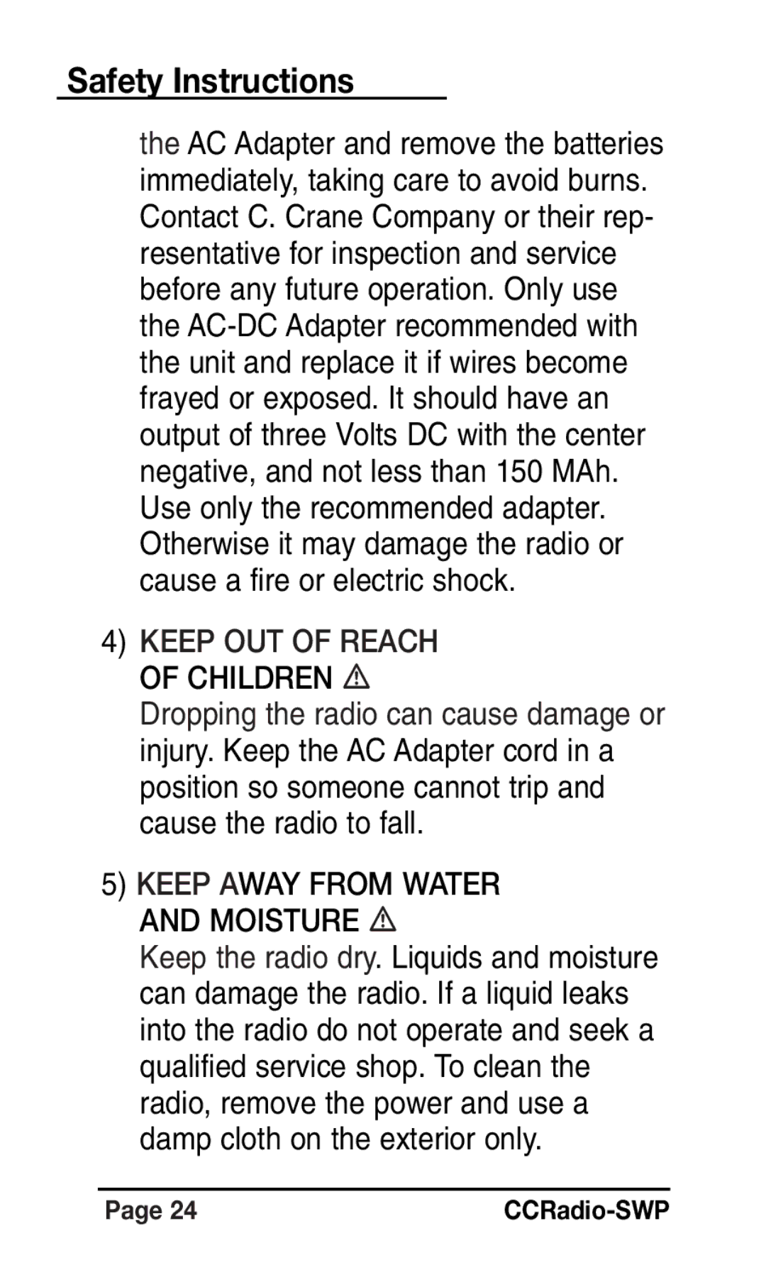 C. Crane Radio instruction manual Keep Away from Water Moisture, Keep OUT of Reach of Children 