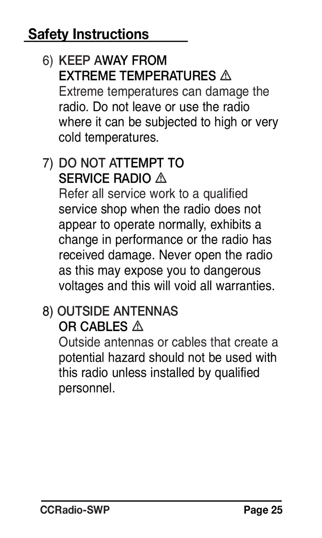 C. Crane instruction manual Do not Attempt to Service Radio, Outside Antennas Or Cables 