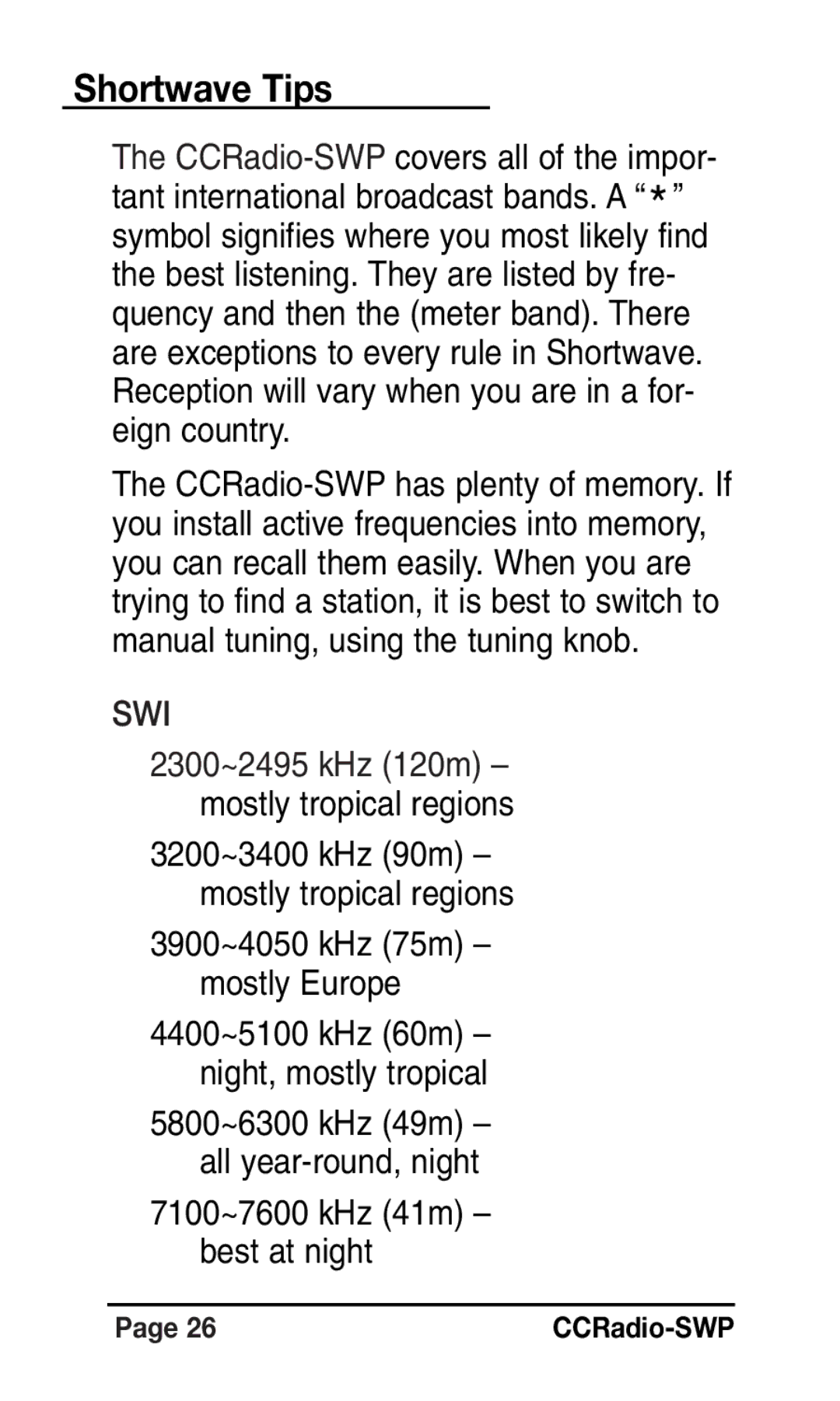 C. Crane Radio instruction manual Shortwave Tips, Swi 