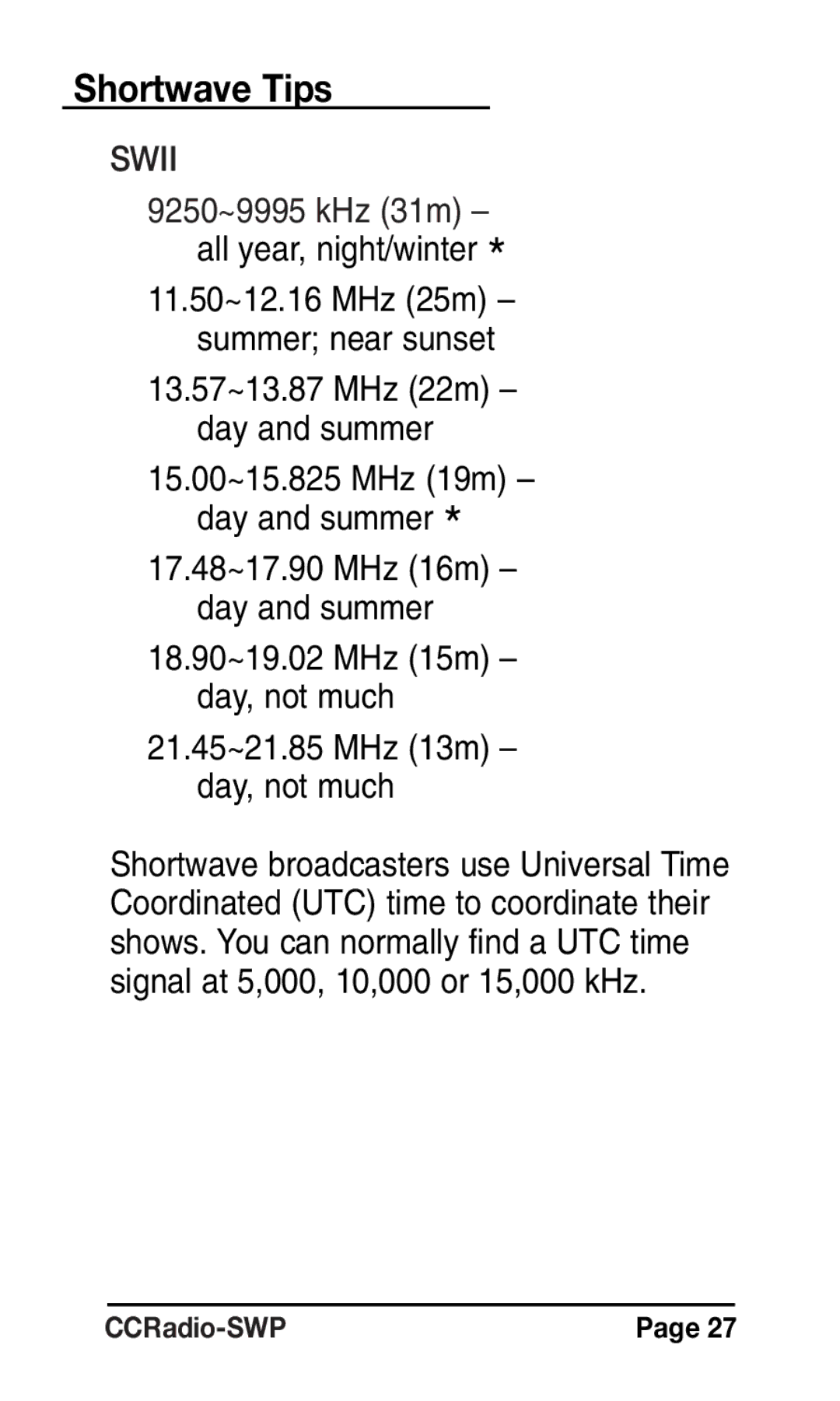 C. Crane Radio instruction manual Swii, 15.00~15.825 MHz 19m Day and summer 17.48~17.90 MHz 16m 