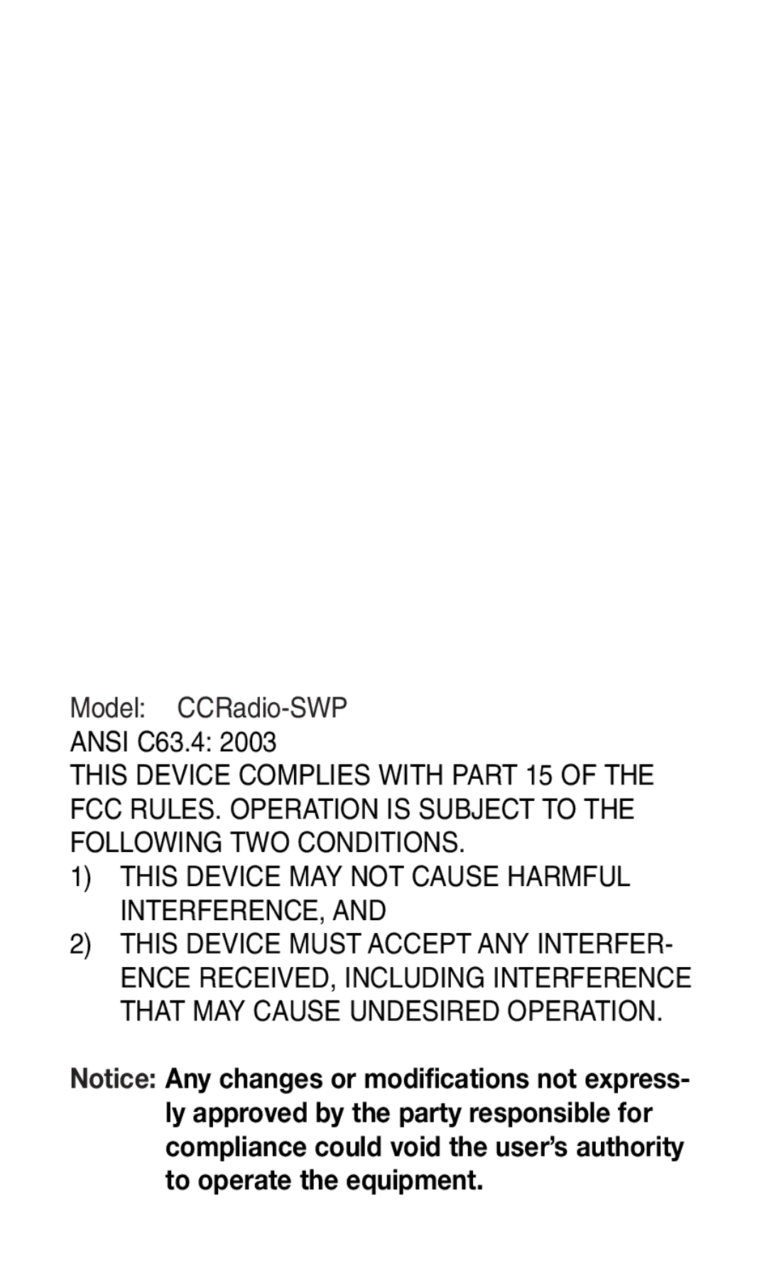 C. Crane instruction manual Model CCRadio-SWP Ansi C63.4 