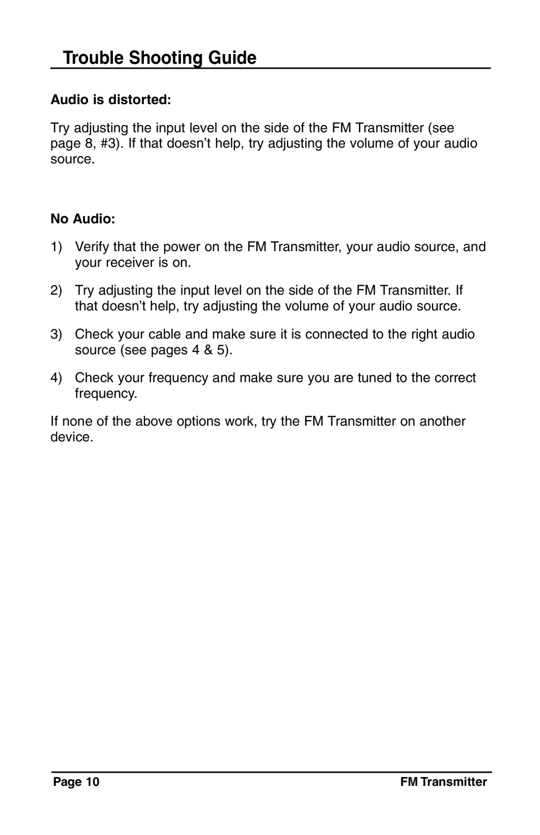 C. Crane Satellite Radio manual Trouble Shooting Guide, Audio is distorted, No Audio 