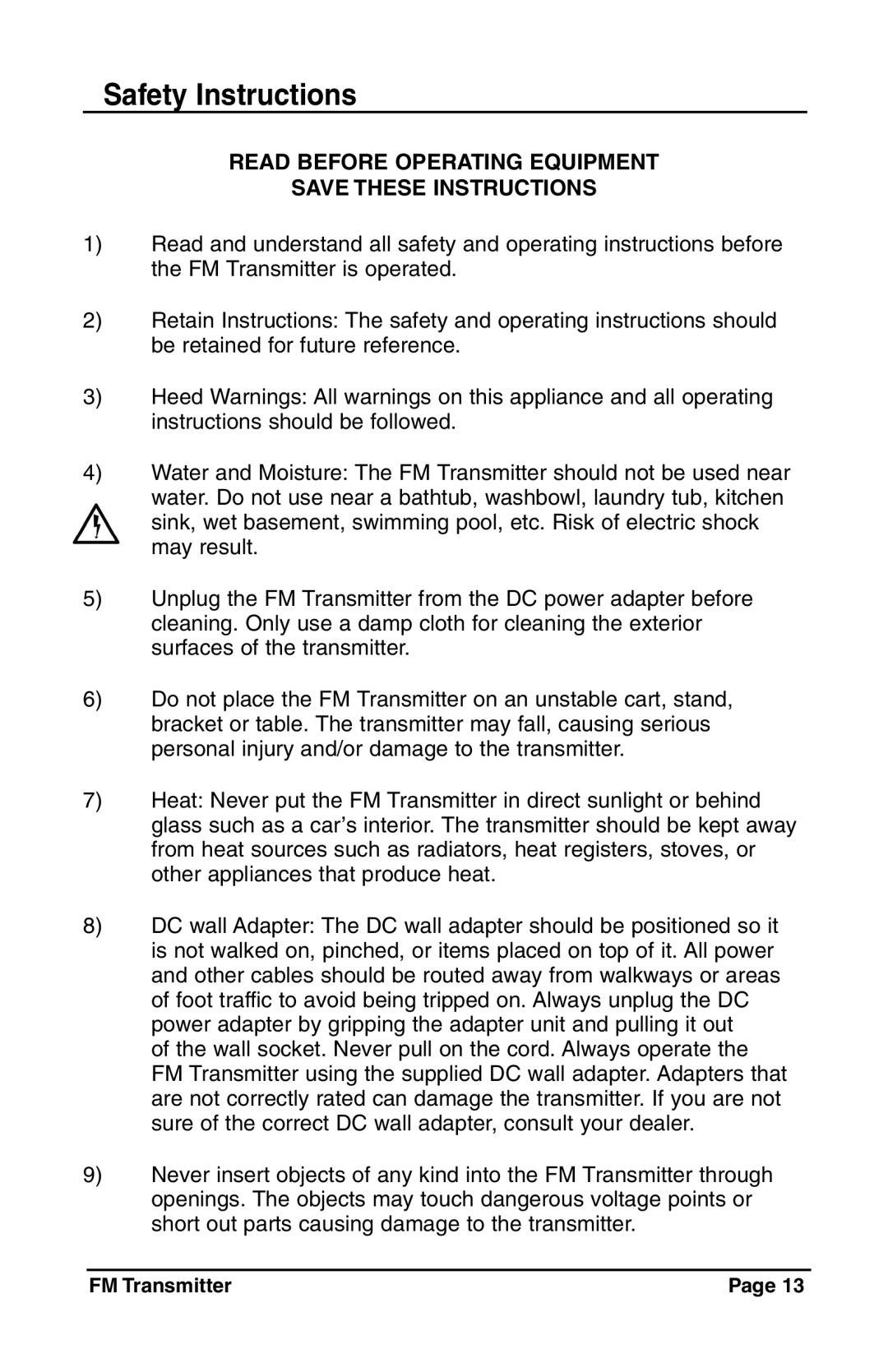 C. Crane Satellite Radio manual Safety Instructions, Read Before Operating Equipment 