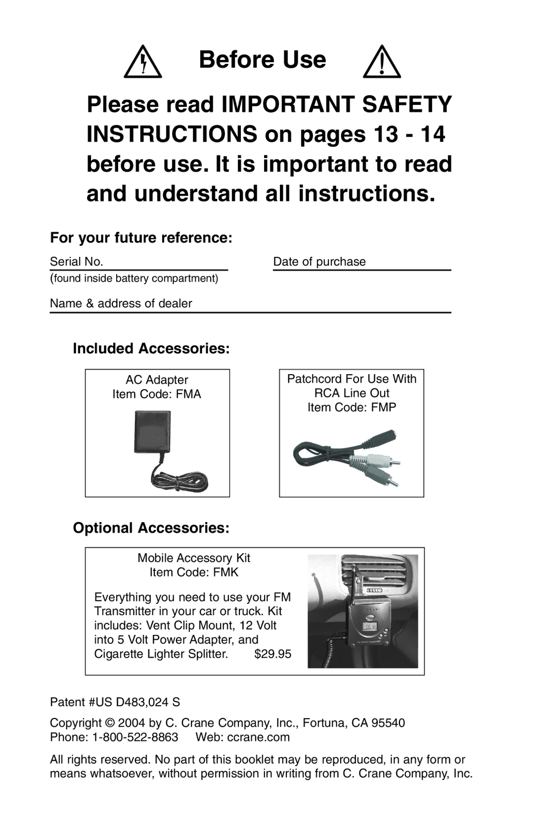 C. Crane Satellite Radio manual Before Use 