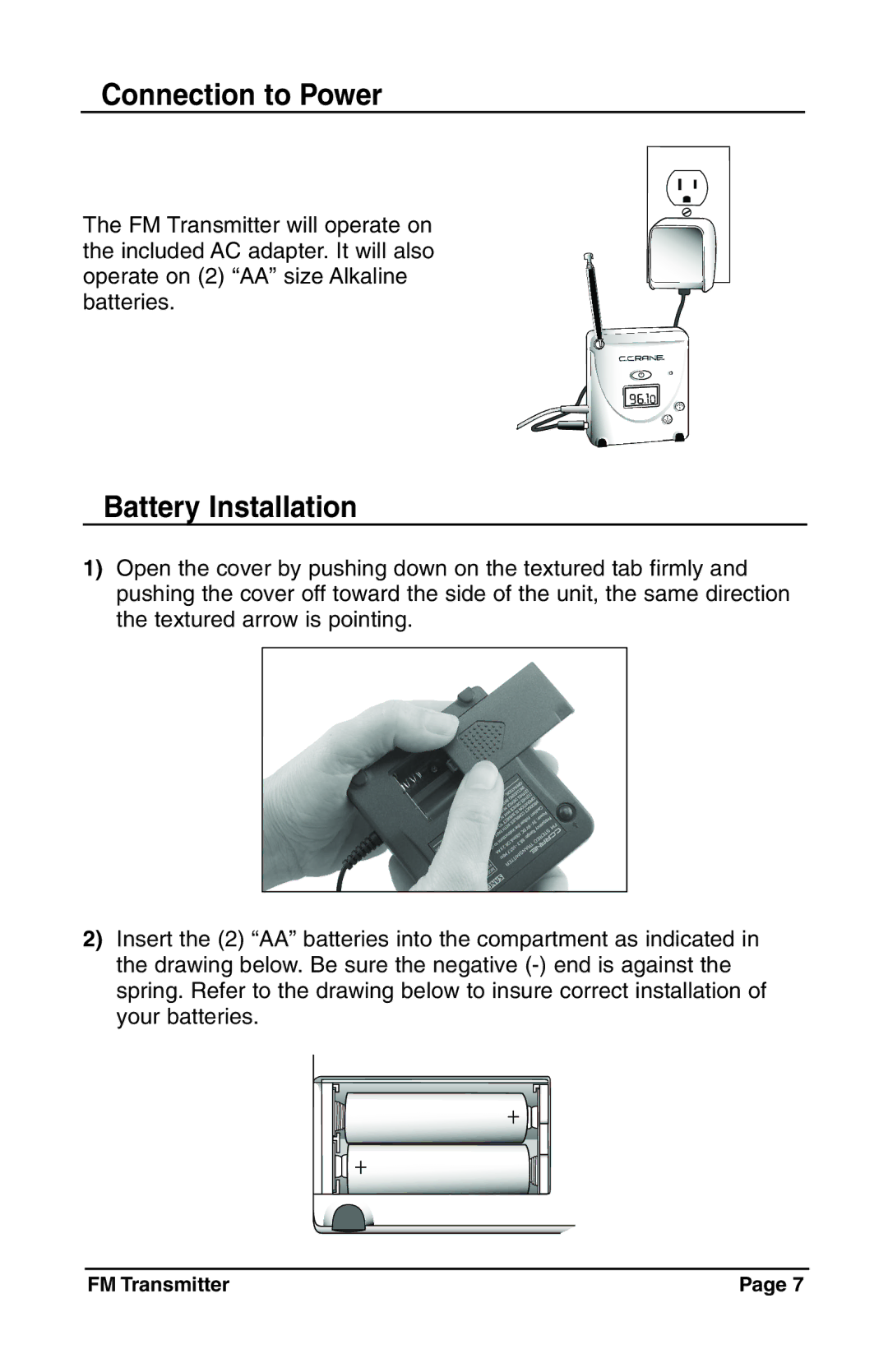 C. Crane Satellite Radio manual Connection to Power, Battery Installation 