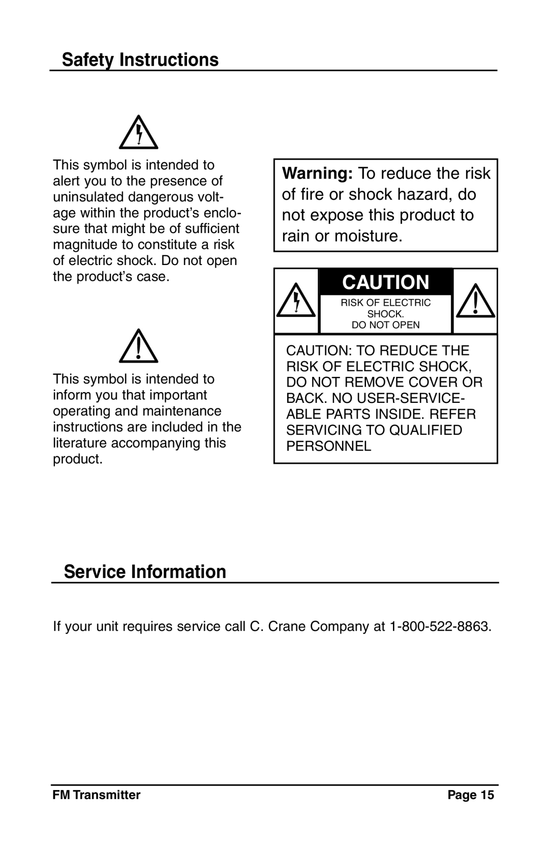 C. Crane Satellite Radio manual Service Information, Safety Instructions, Risk Of Electric Shock Do Not Open 