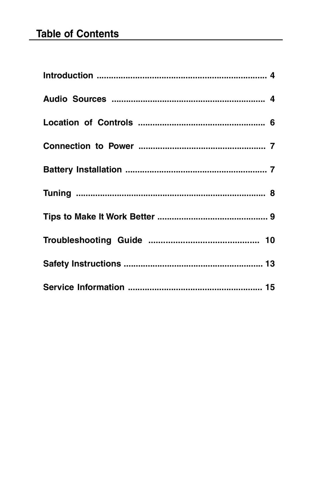C. Crane Satellite Radio manual Table of Contents 