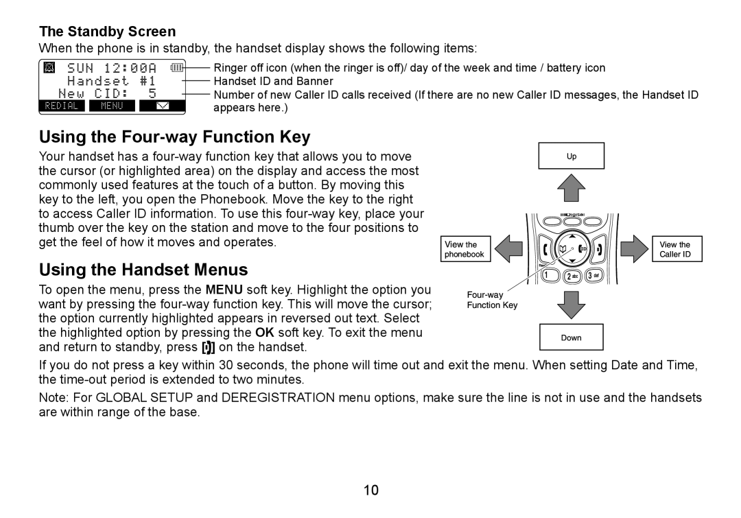 C. Crane TRU9460 manual Using the Four-way Function Key, Using the Handset Menus, Standby Screen 