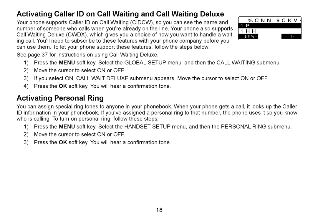 C. Crane TRU9460 manual Activating Caller ID on Call Waiting and Call Waiting Deluxe, Activating Personal Ring 