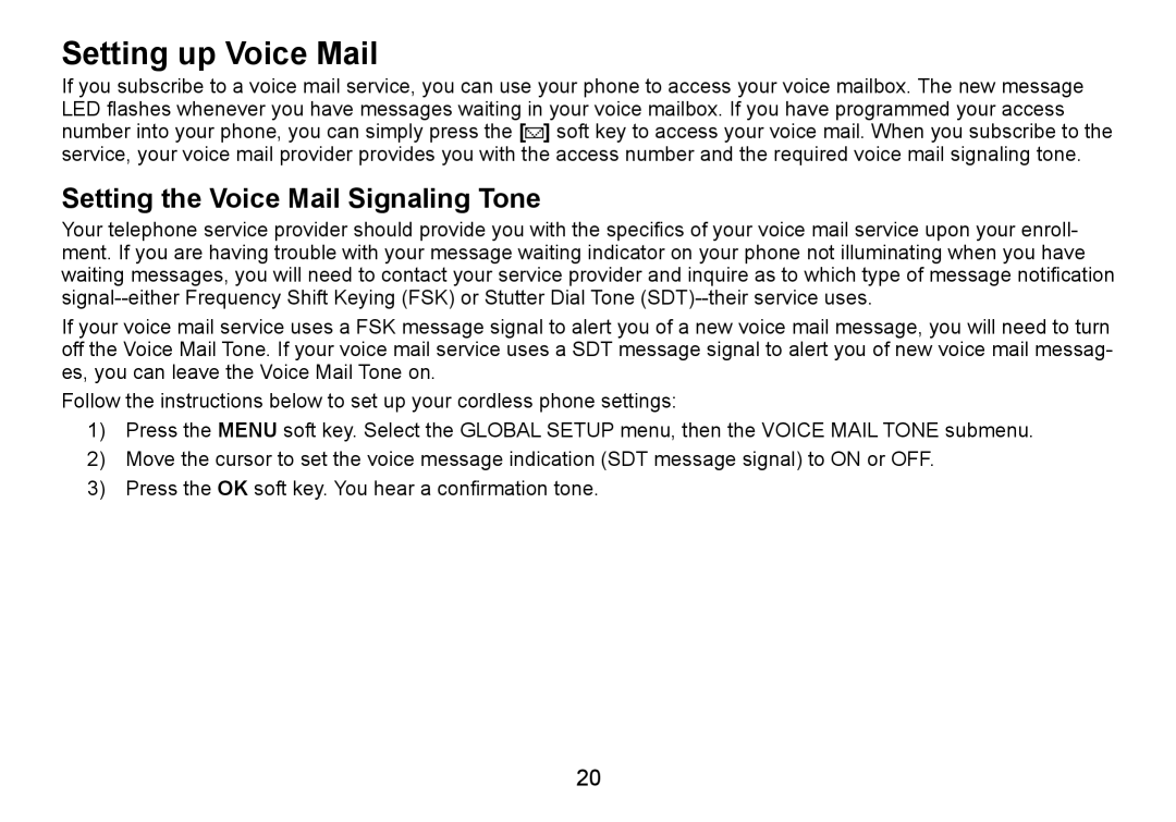 C. Crane TRU9460 manual Setting up Voice Mail, Setting the Voice Mail Signaling Tone 