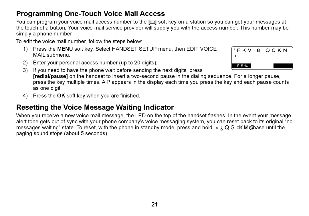 C. Crane TRU9460 manual Programming One-Touch Voice Mail Access, Resetting the Voice Message Waiting Indicator 