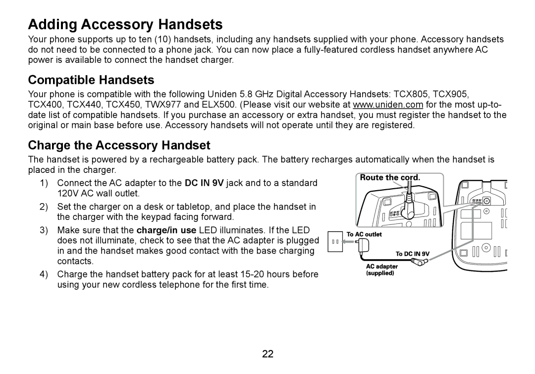 C. Crane TRU9460 manual Adding Accessory Handsets, Compatible Handsets Charge the Accessory Handset 