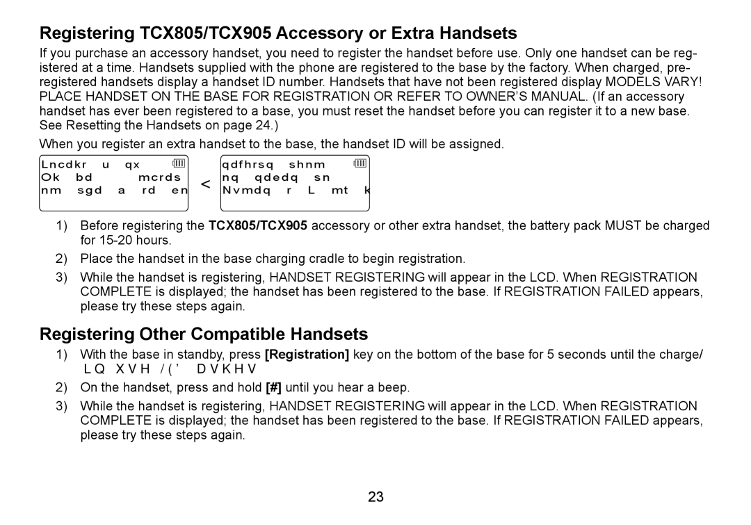 C. Crane TRU9460 manual Registering TCX805/TCX905 Accessory or Extra Handsets, Registering Other Compatible Handsets 