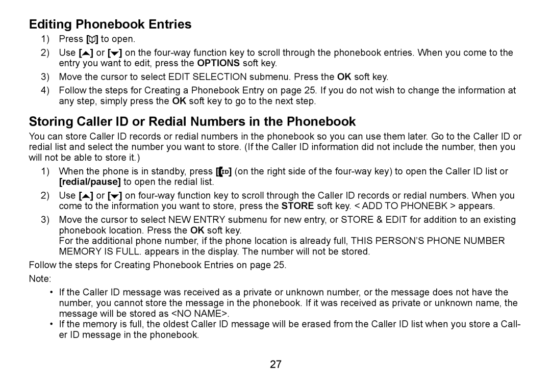 C. Crane TRU9460 manual Editing Phonebook Entries, Storing Caller ID or Redial Numbers in the Phonebook 