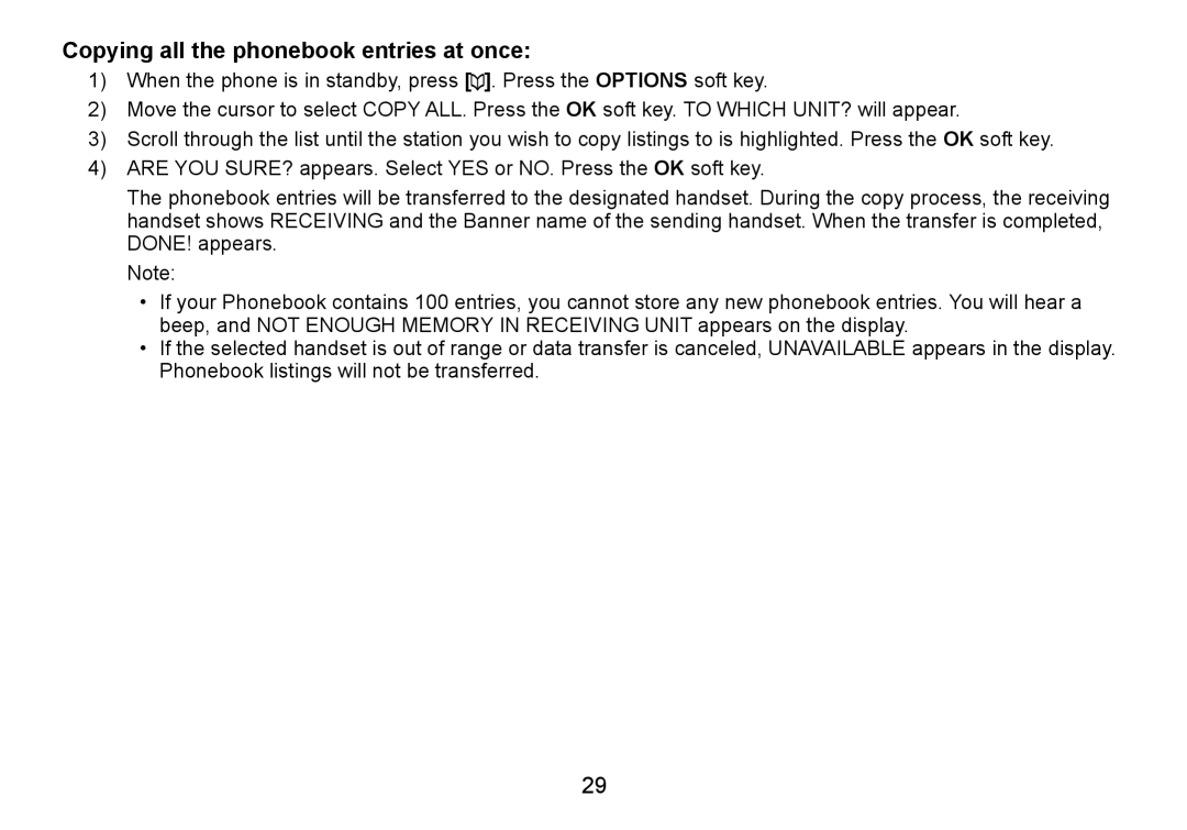 C. Crane TRU9460 manual Copying all the phonebook entries at once 