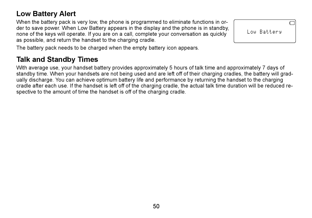 C. Crane TRU9460 manual Low Battery Alert, Talk and Standby Times 