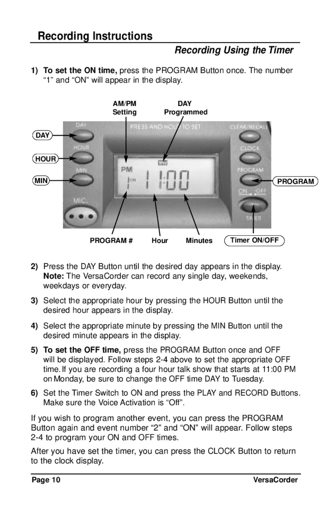 C. Crane VersaCorder Dual Speed Recorder instruction manual Recording Using the Timer 