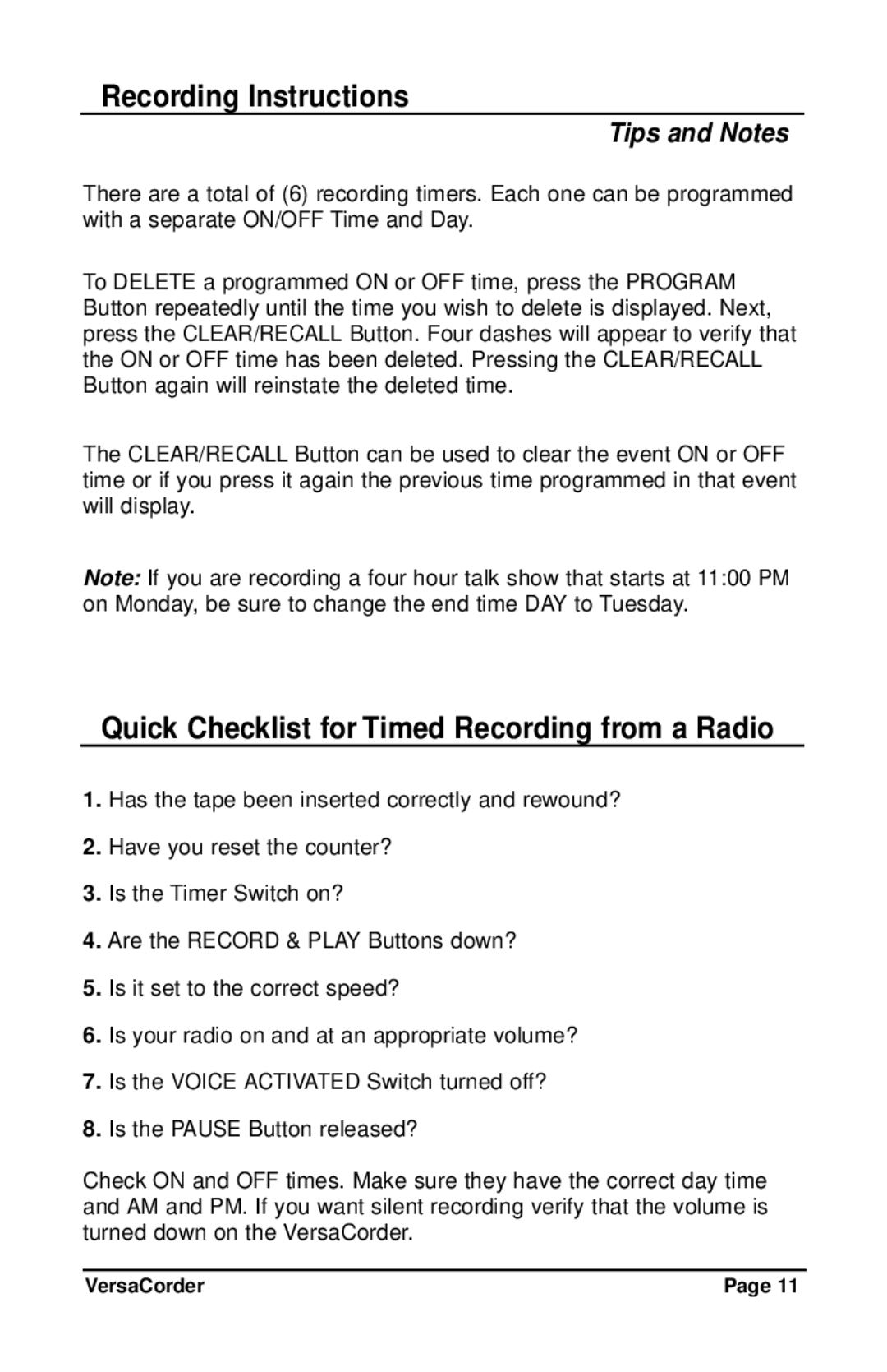 C. Crane VersaCorder Dual Speed Recorder Quick Checklist for Timed Recording from a Radio, Tips and Notes 