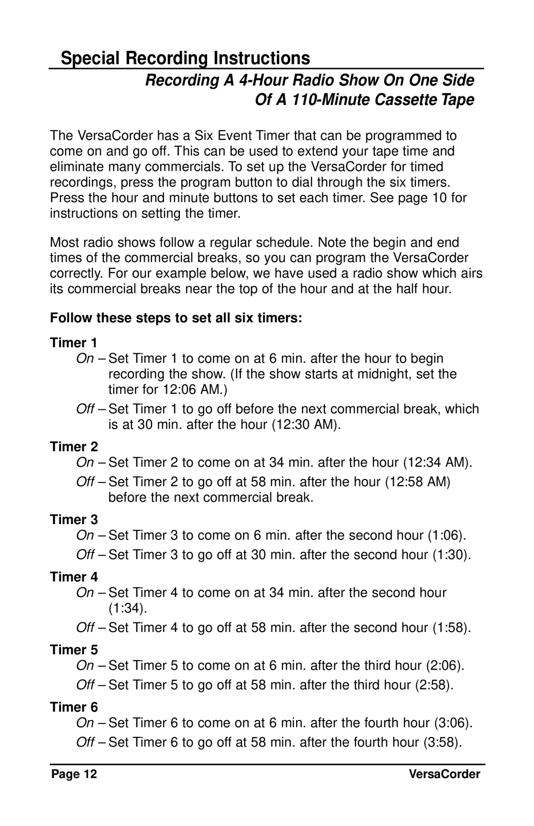 C. Crane VersaCorder Dual Speed Recorder Special Recording Instructions, Follow these steps to set all six timers Timer 