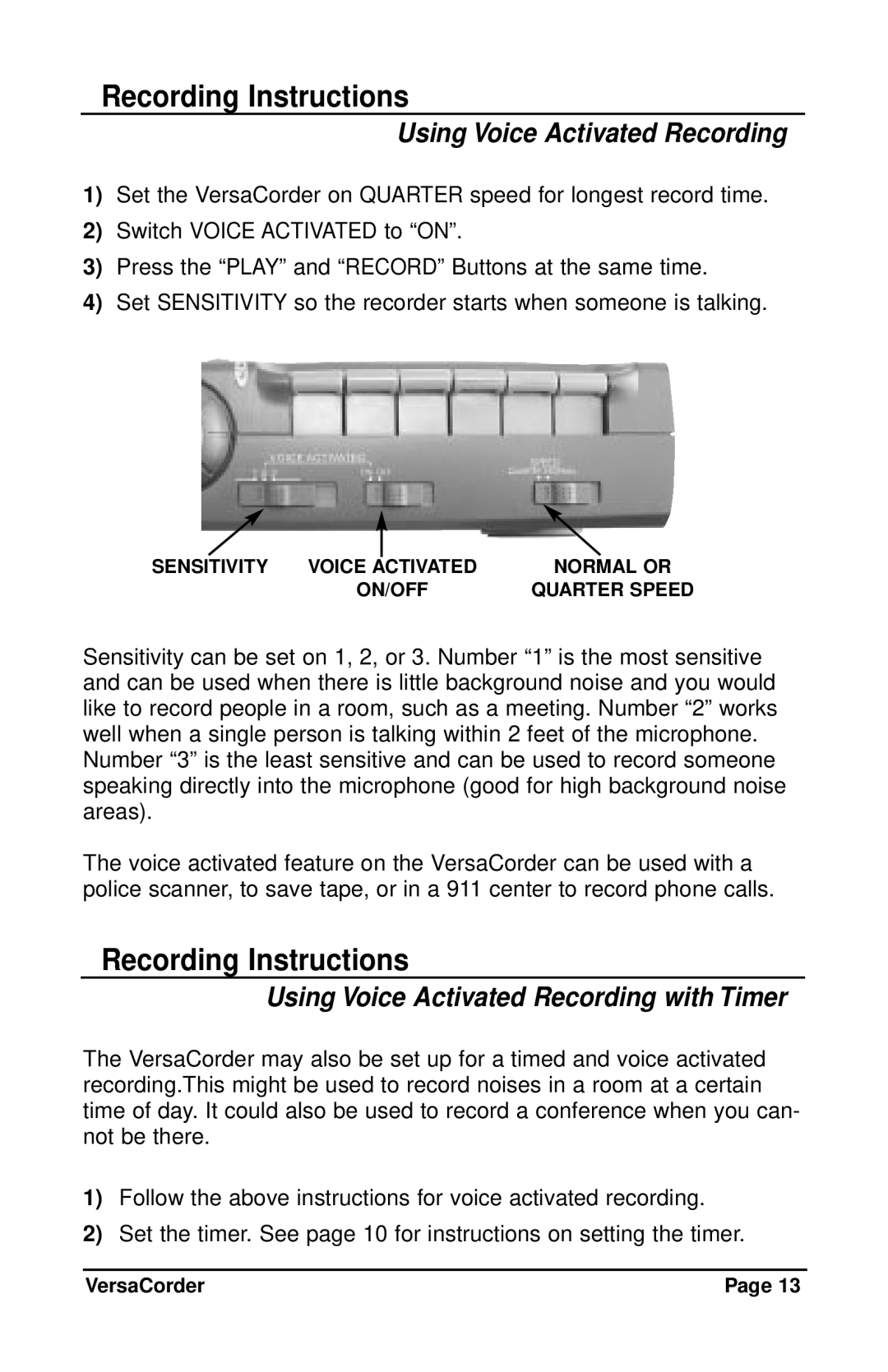 C. Crane VersaCorder Dual Speed Recorder instruction manual Using Voice Activated Recording with Timer 