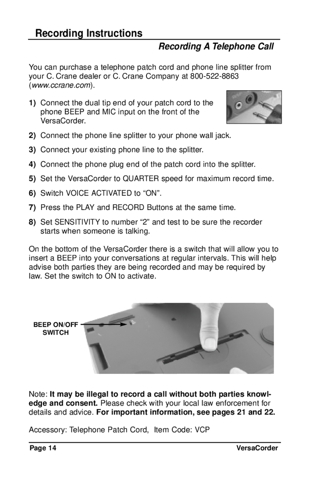 C. Crane VersaCorder Dual Speed Recorder instruction manual Recording a Telephone Call 