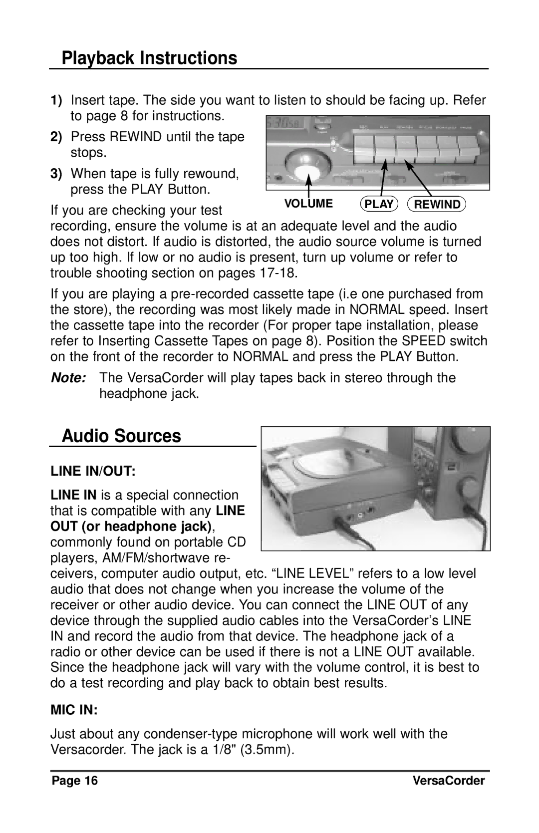 C. Crane VersaCorder Dual Speed Recorder Playback Instructions, Audio Sources, If you are checking your test 