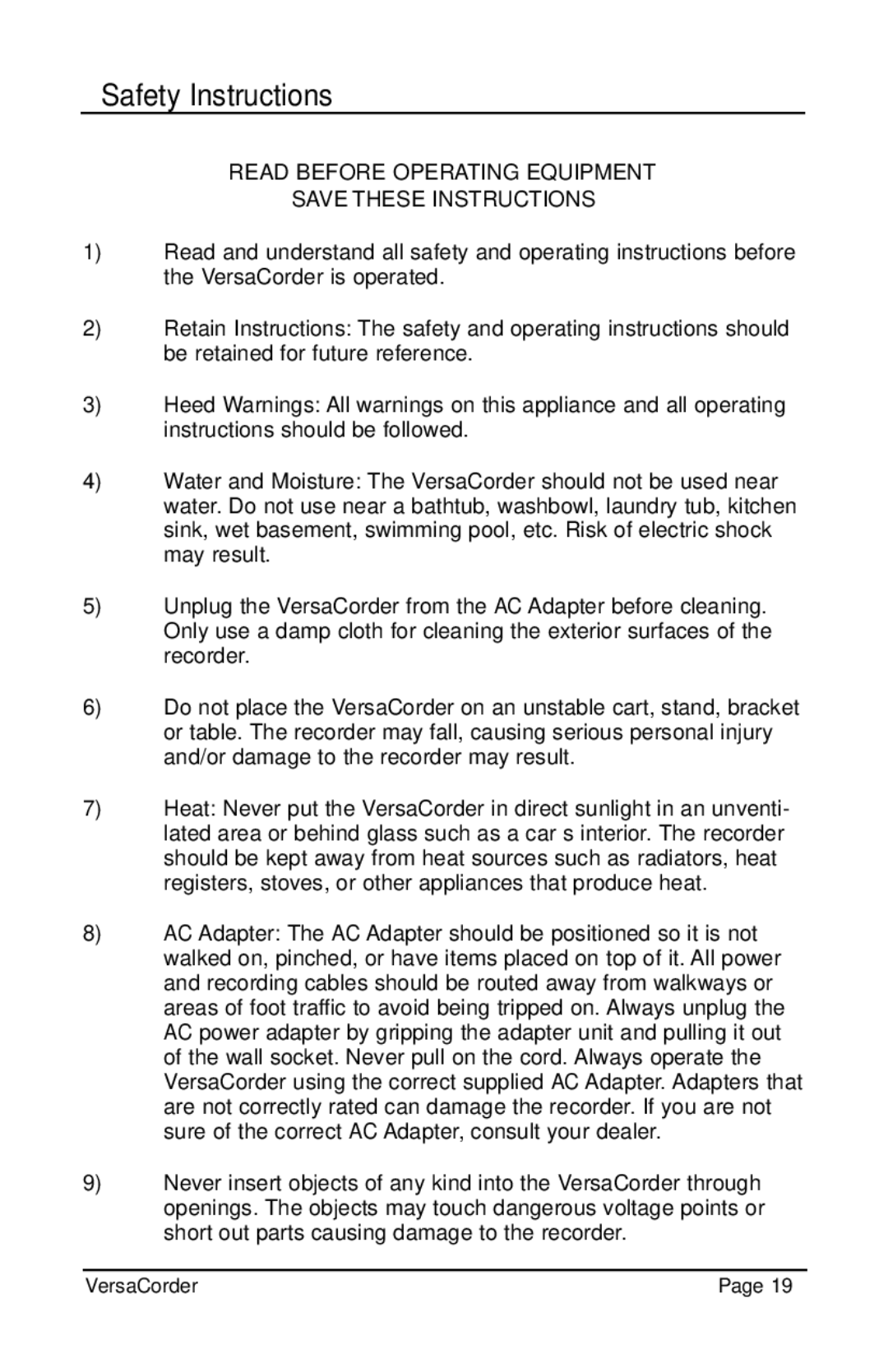 C. Crane VersaCorder Dual Speed Recorder instruction manual Safety Instructions, Read Before Operating Equipment 