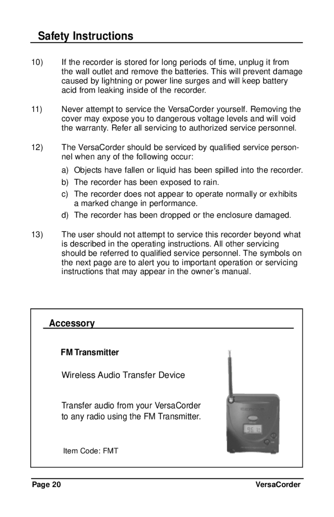 C. Crane VersaCorder Dual Speed Recorder instruction manual Accessory, FM Transmitter 