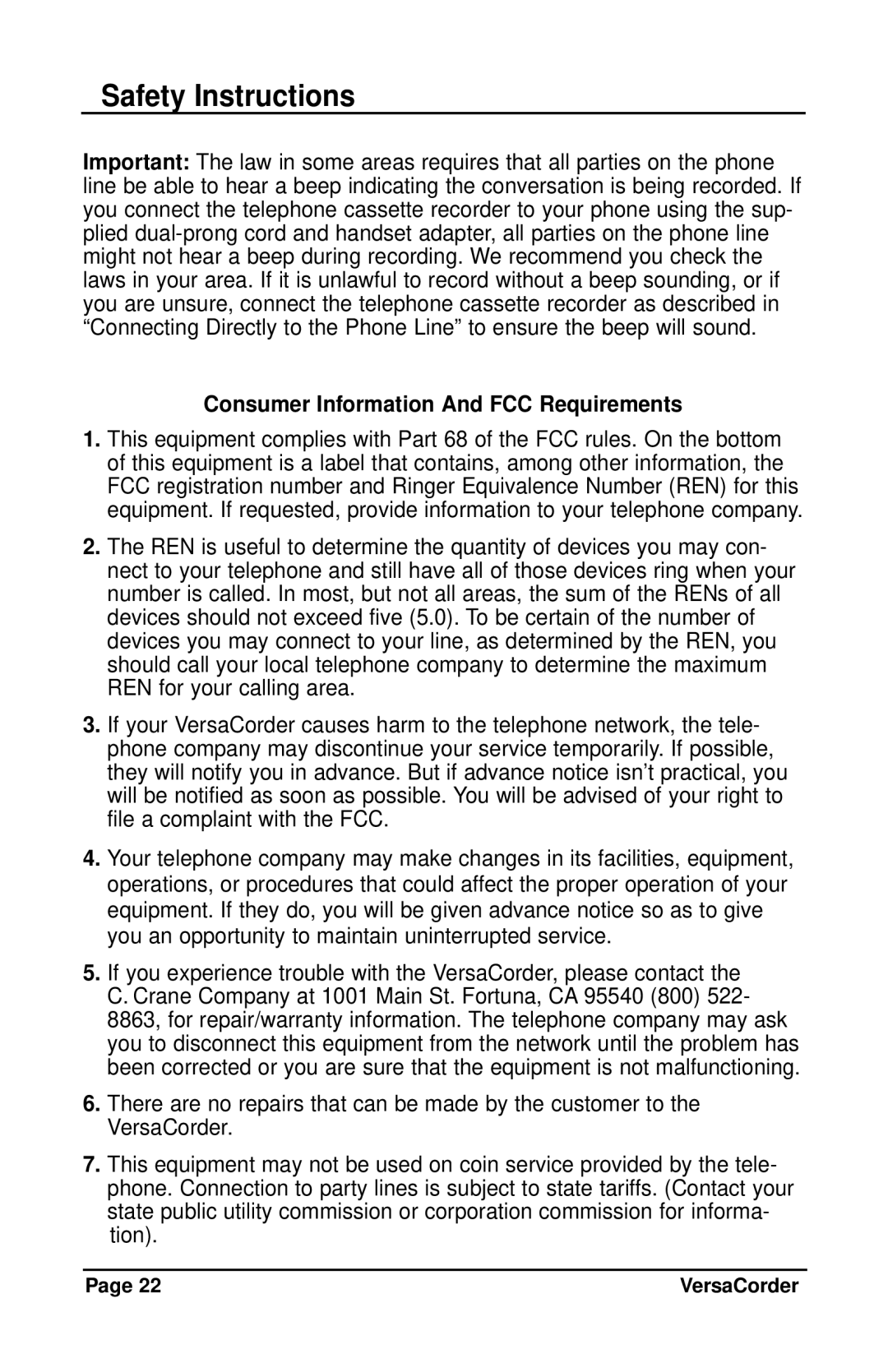 C. Crane VersaCorder Dual Speed Recorder instruction manual Consumer Information And FCC Requirements 