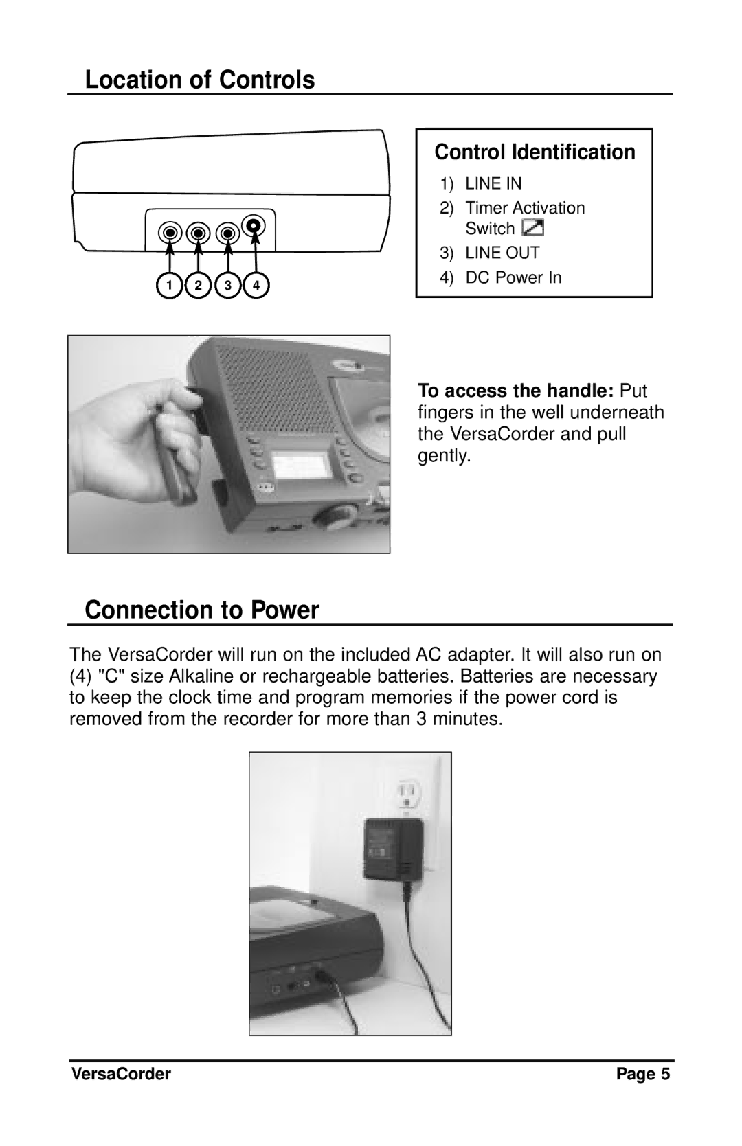 C. Crane VersaCorder Dual Speed Recorder instruction manual Connection to Power, Control Identification 