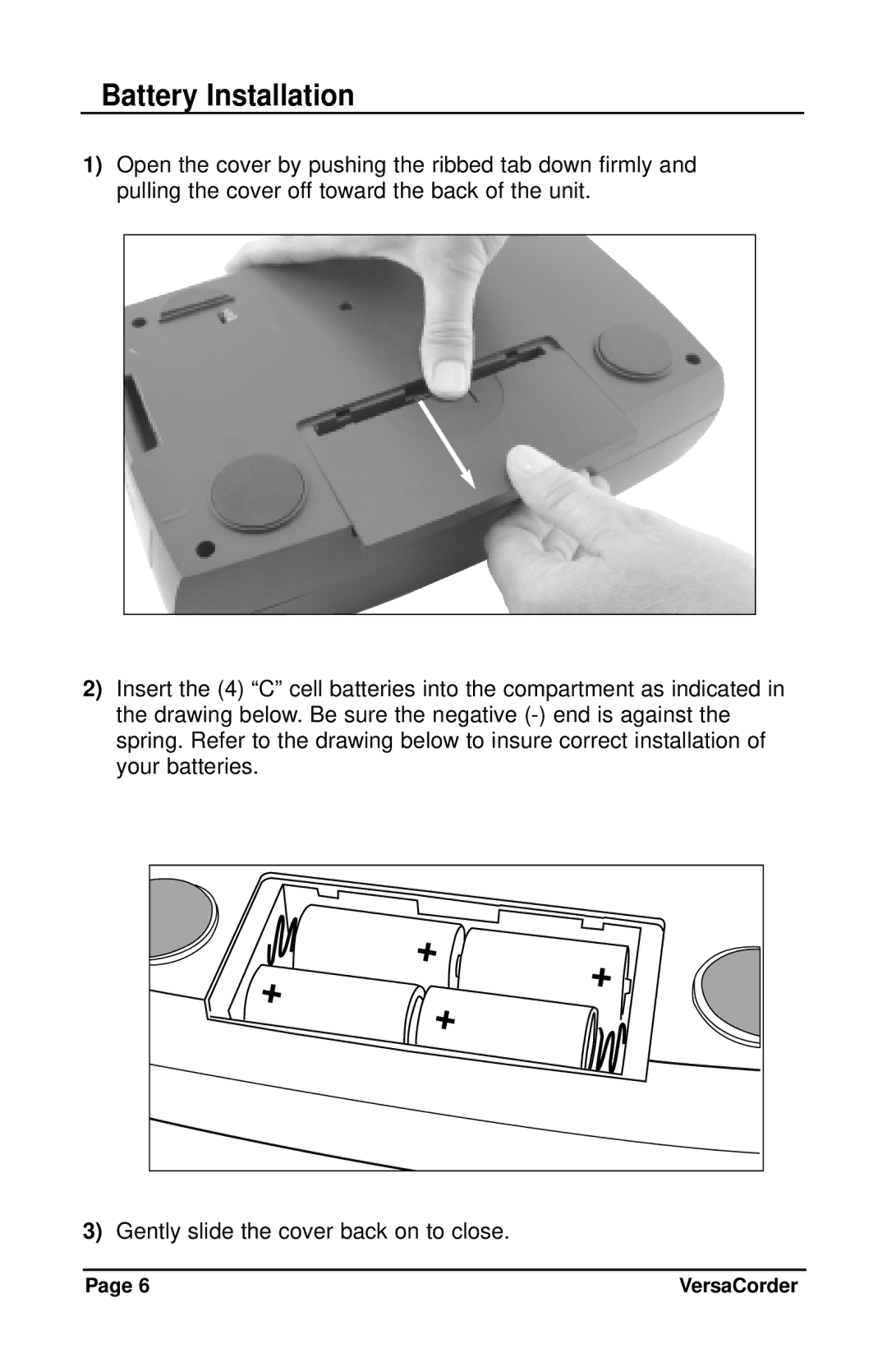 C. Crane VersaCorder Dual Speed Recorder instruction manual Battery Installation 