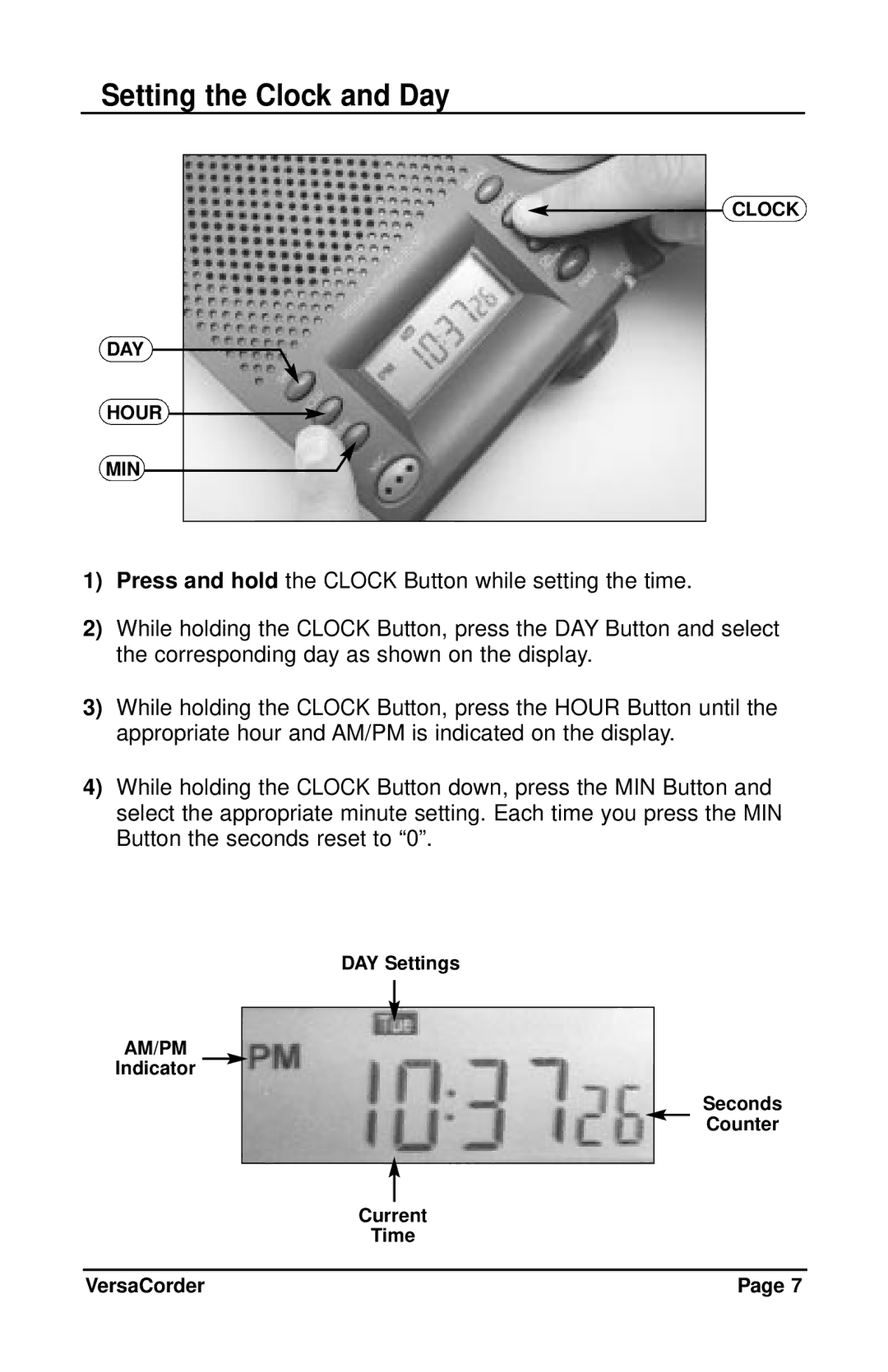 C. Crane VersaCorder Dual Speed Recorder instruction manual Setting the Clock and Day 