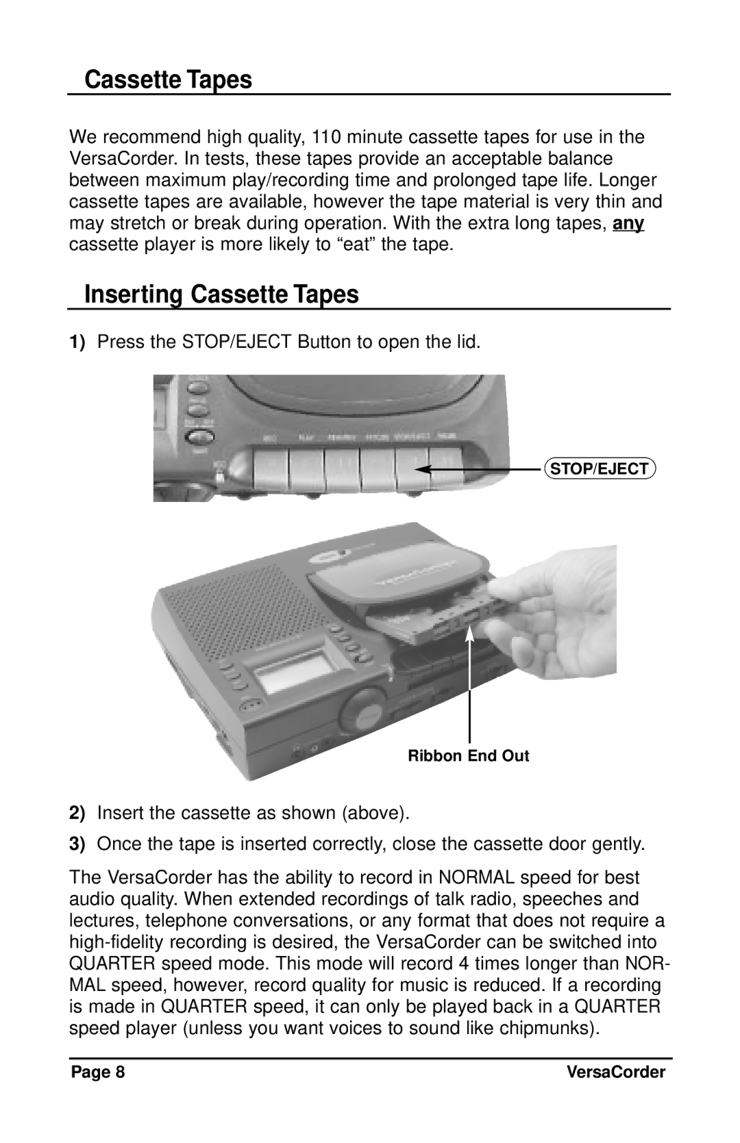 C. Crane VersaCorder Dual Speed Recorder instruction manual Inserting Cassette Tapes 