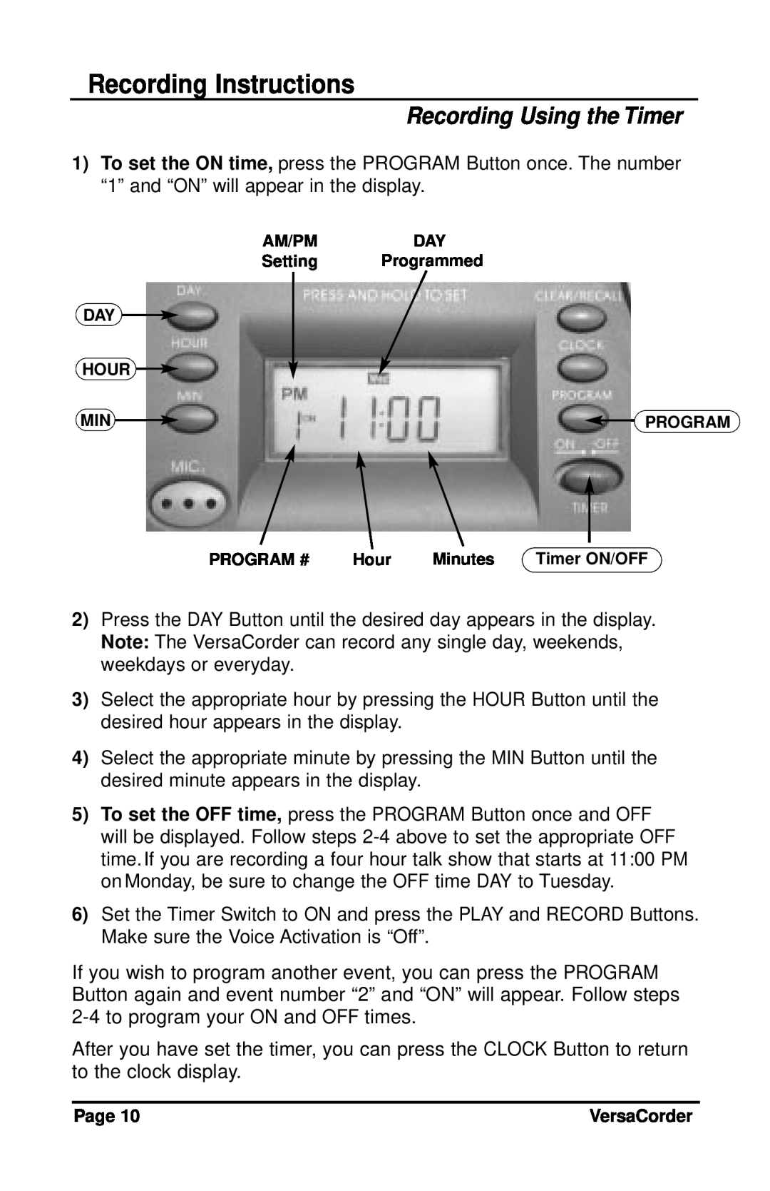 C. Crane VersaCorder Dual Speed Recorder Recording Using the Timer, Recording Instructions, Program #, Hour, Minutes 