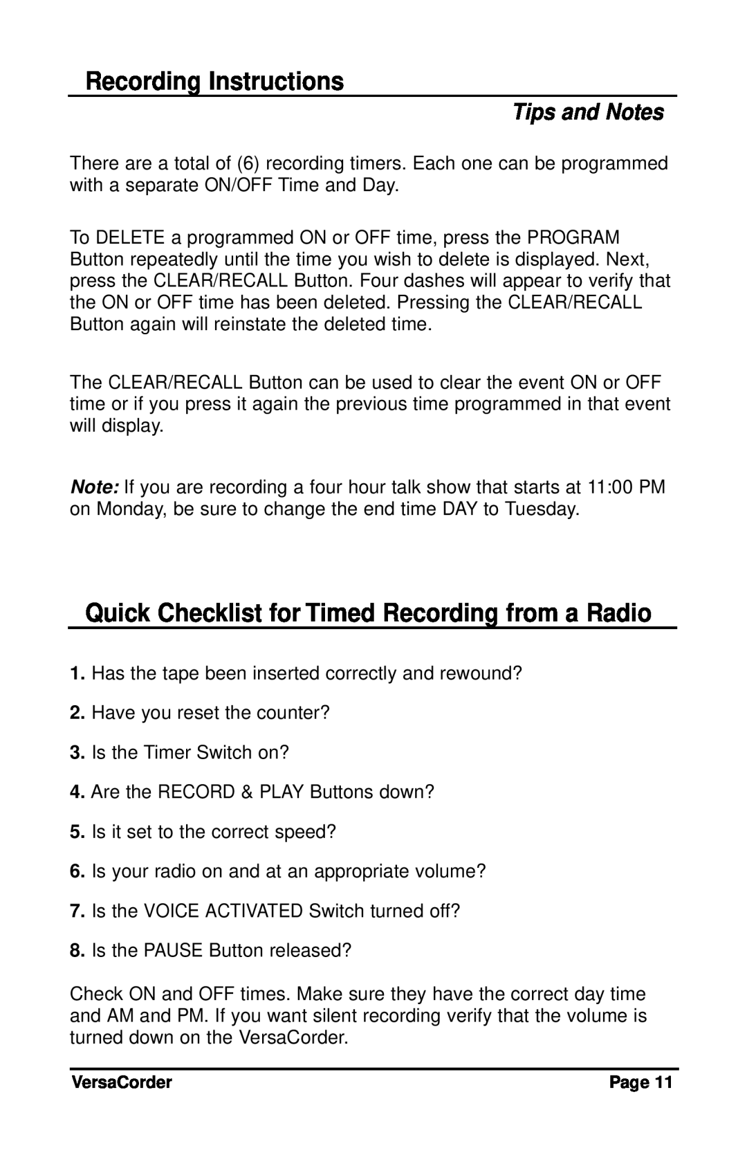 C. Crane VersaCorder Dual Speed Recorder Quick Checklist for Timed Recording from a Radio, Tips and Notes 