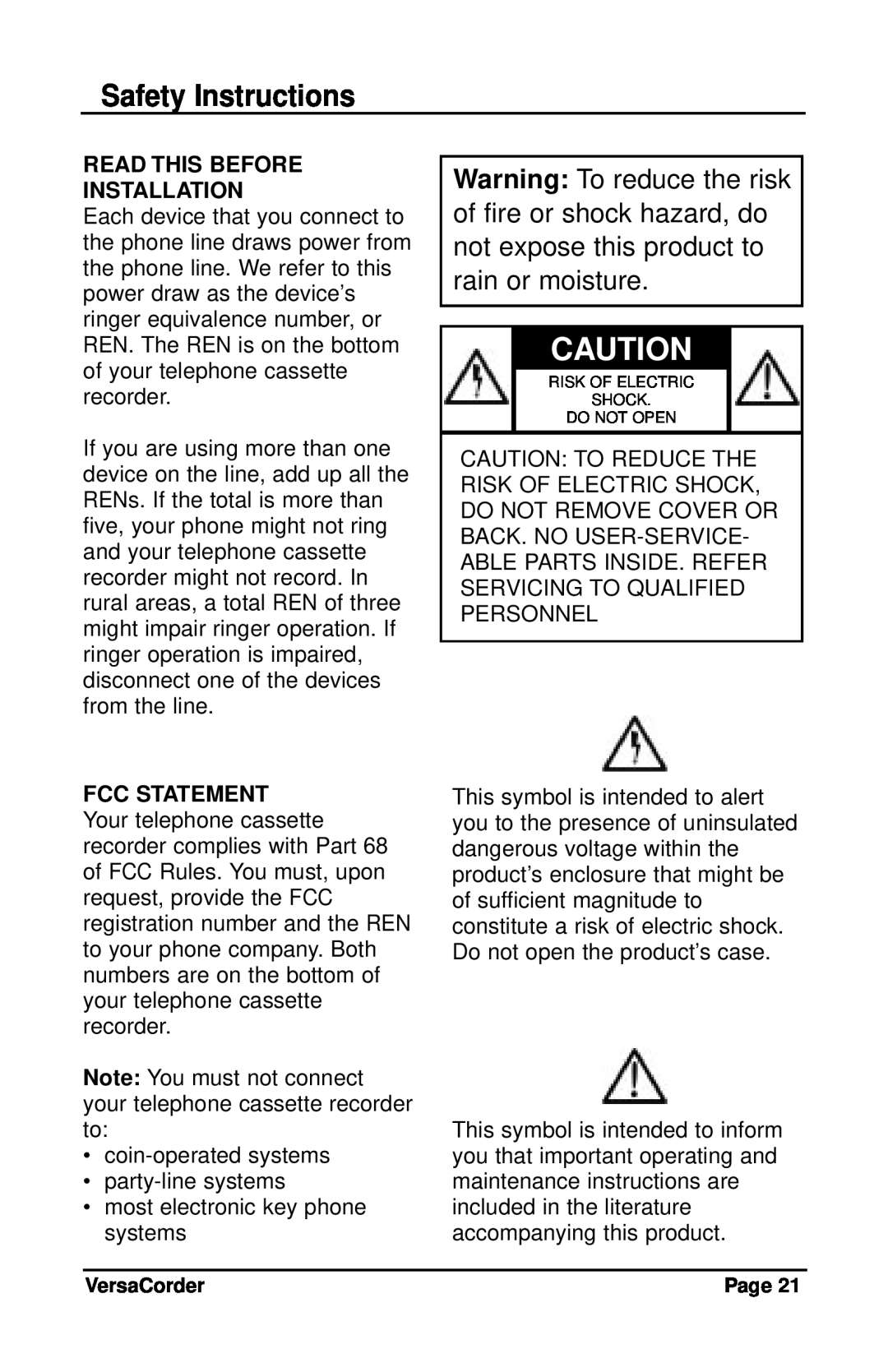 C. Crane VersaCorder Dual Speed Recorder instruction manual Safety Instructions, Read This Before Installation 